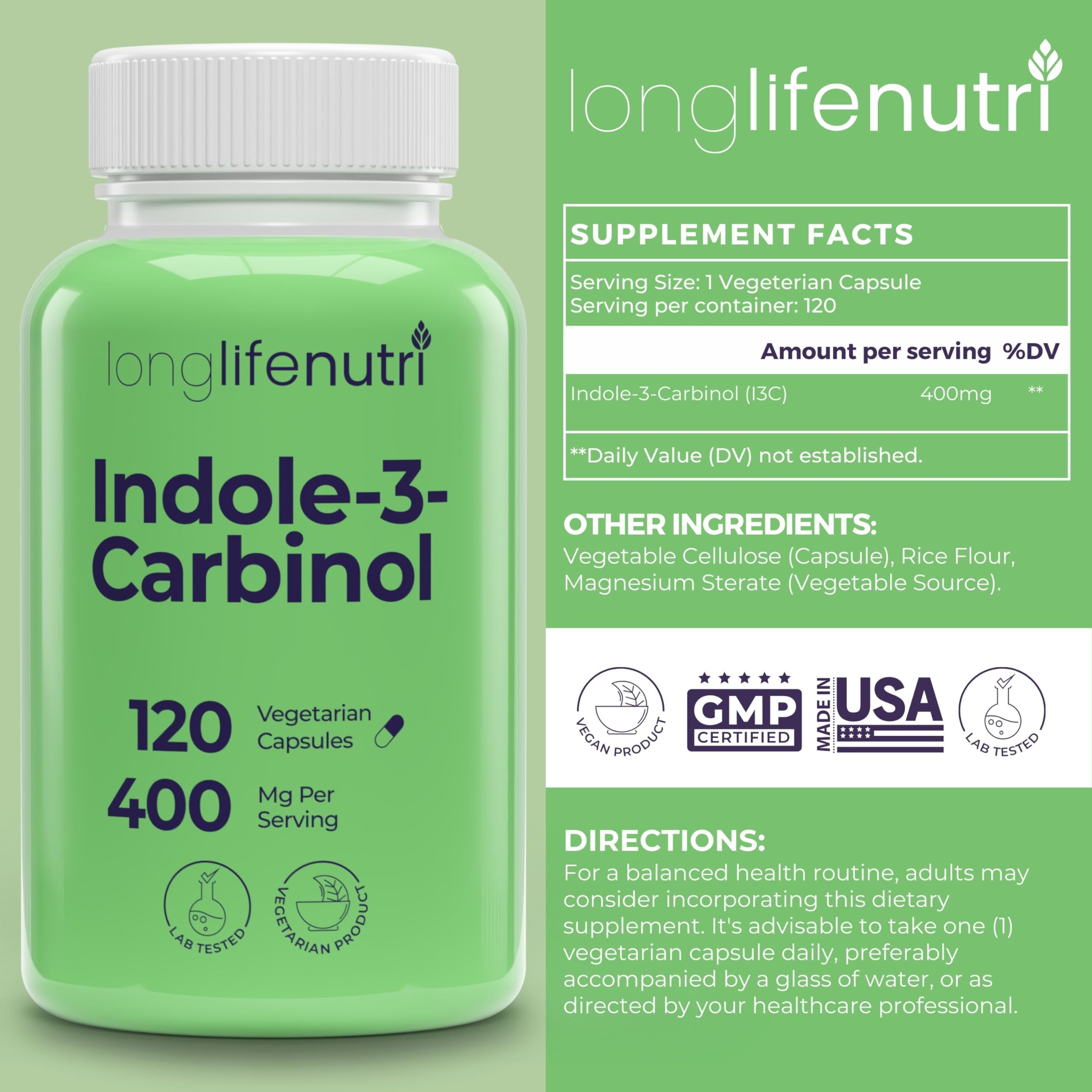 Foto 3 pulgar | Suplemento Longlife Nutri Indol-3-carbinol 400 Mg 120 Cápsulas - Venta Internacional.