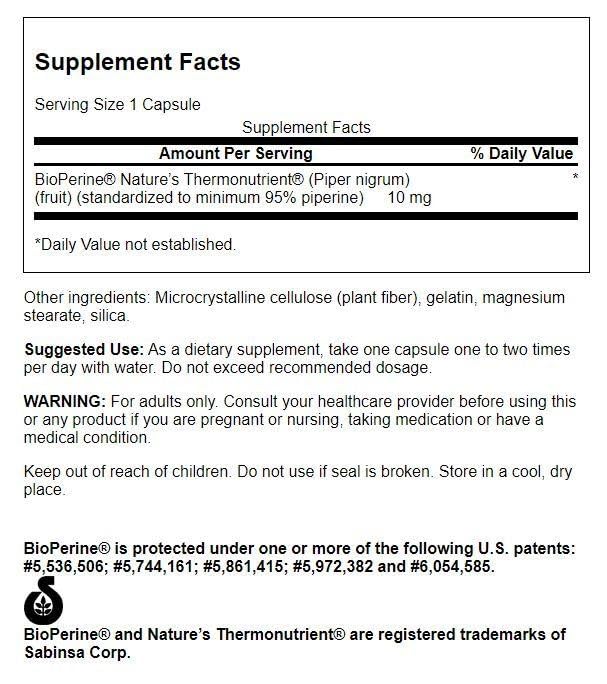 Foto 3 pulgar | Suplemento Swanson Bioperine Para Absorción De Nutrientes, 10 Mg, 60 Cápsulas - Venta Internacional.