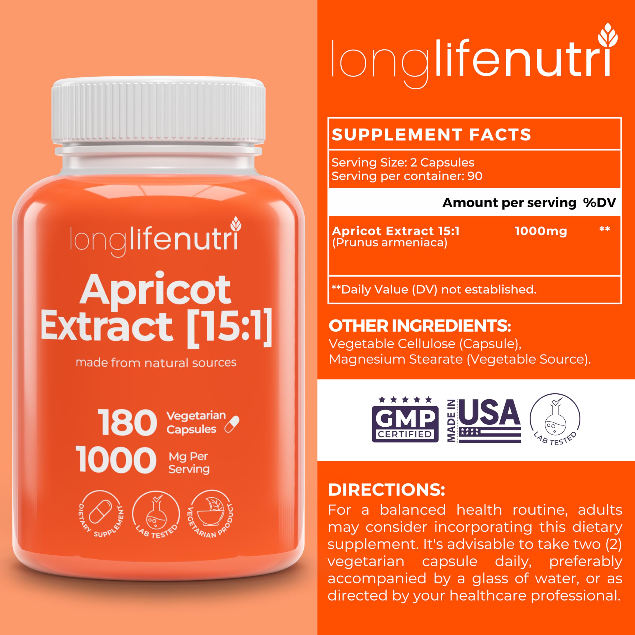 Foto 3 pulgar | Suplemento De Extracto De Albaricoque Longlife Nutri 1000 Mg 180 Cápsulas - Venta Internacional.