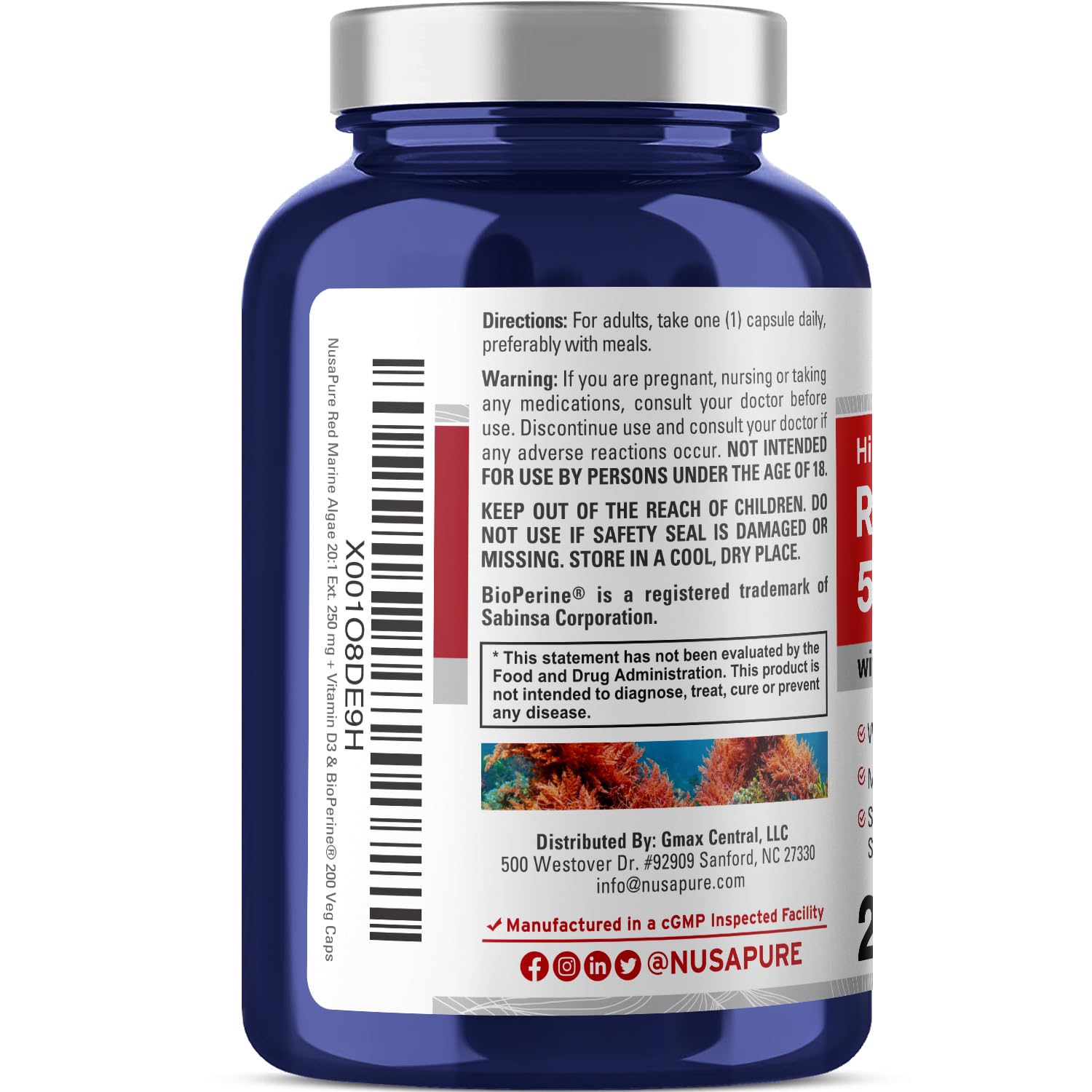 Foto 4 pulgar | Suplemento De Algas Marinas Rojas Nusapure, 5000 Mg, 200 Cápsulas - Venta Internacional.
