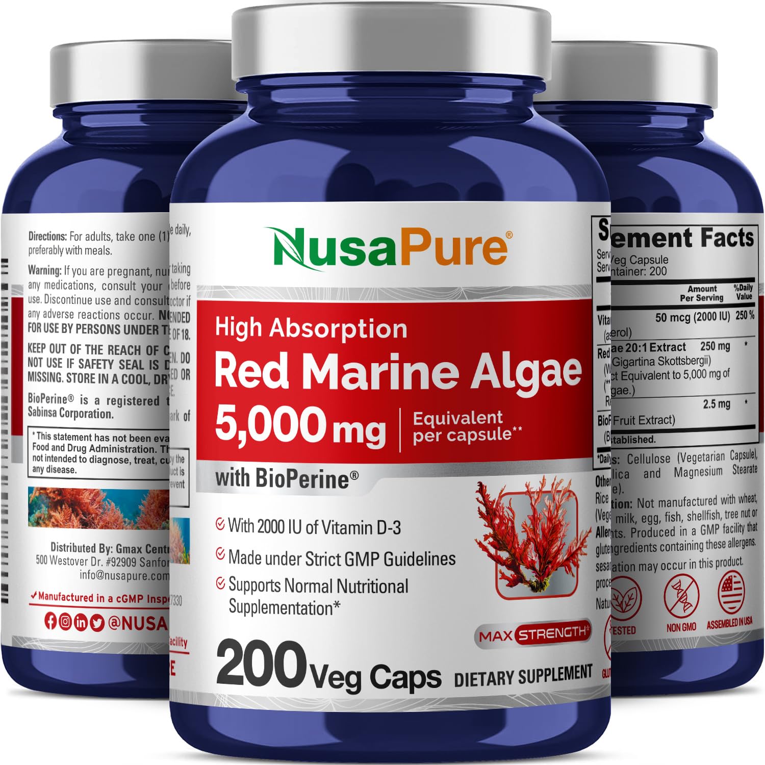 Foto 5 pulgar | Suplemento De Algas Marinas Rojas Nusapure, 5000 Mg, 200 Cápsulas - Venta Internacional.