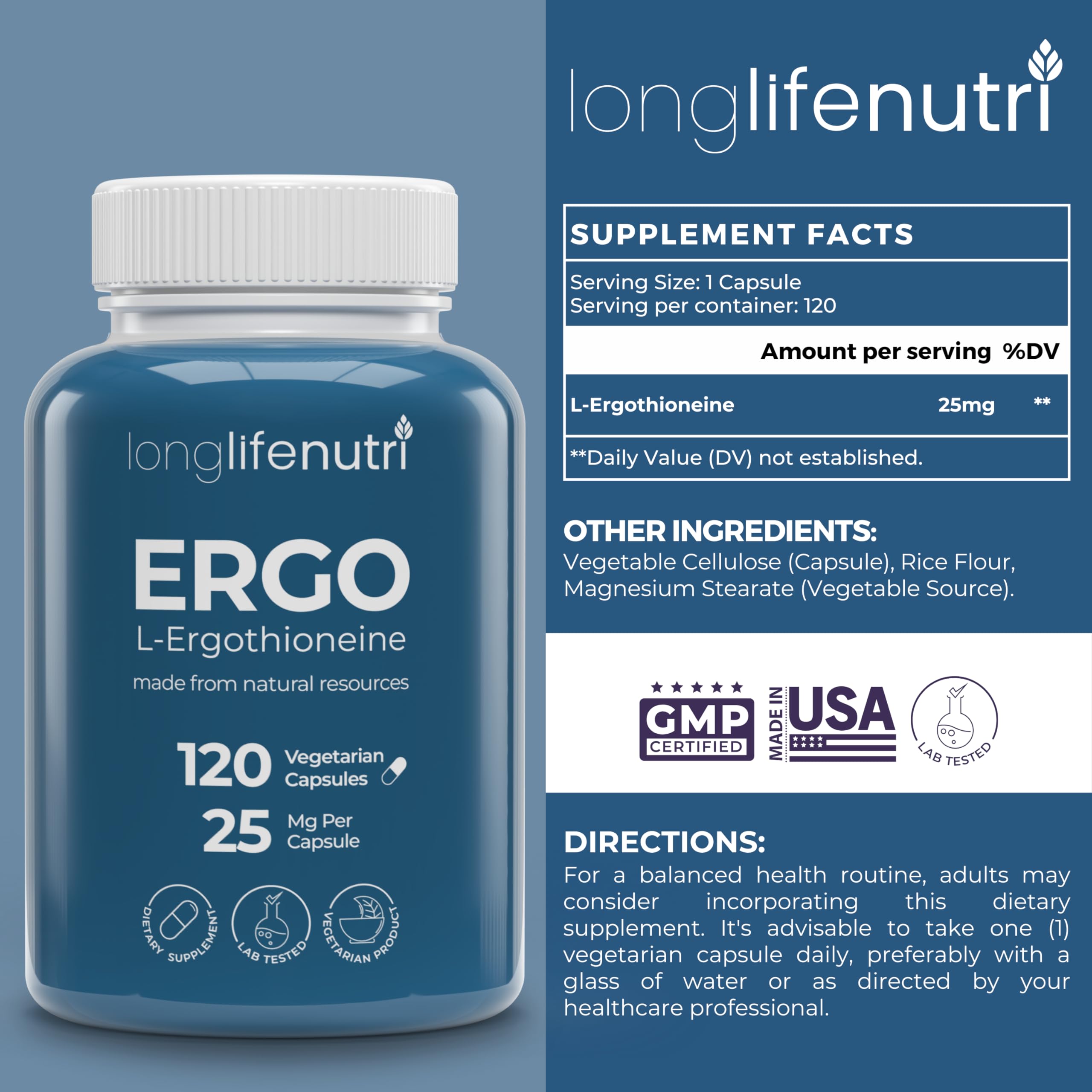 Foto 3 pulgar | Suplemento Longlifenutri L-ergotioneína 25 Mg 120 Cápsulas - Venta Internacional.