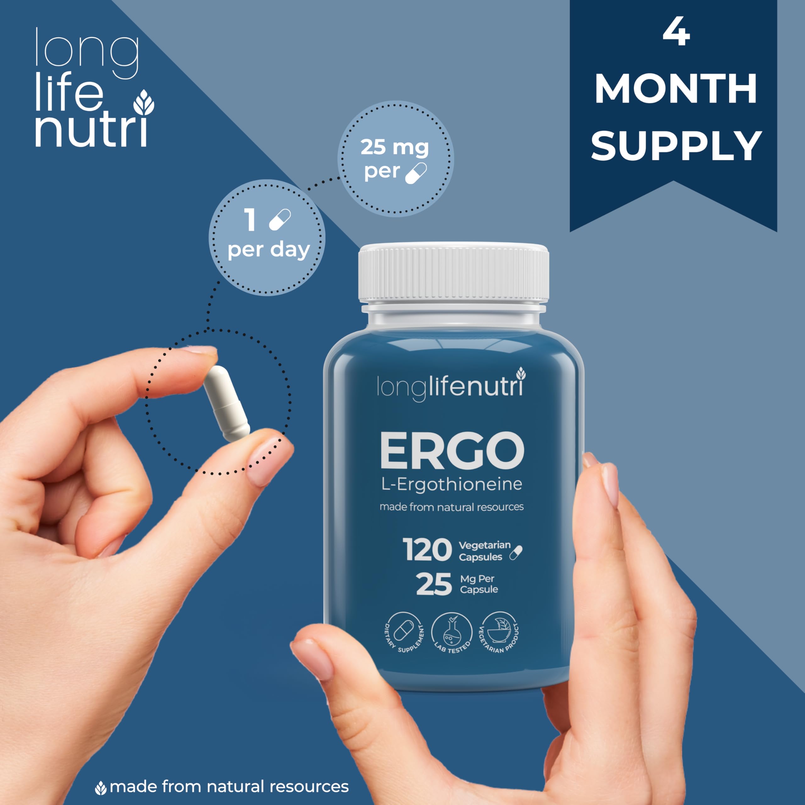 Foto 6 pulgar | Suplemento Longlifenutri L-ergotioneína 25 Mg 120 Cápsulas - Venta Internacional.