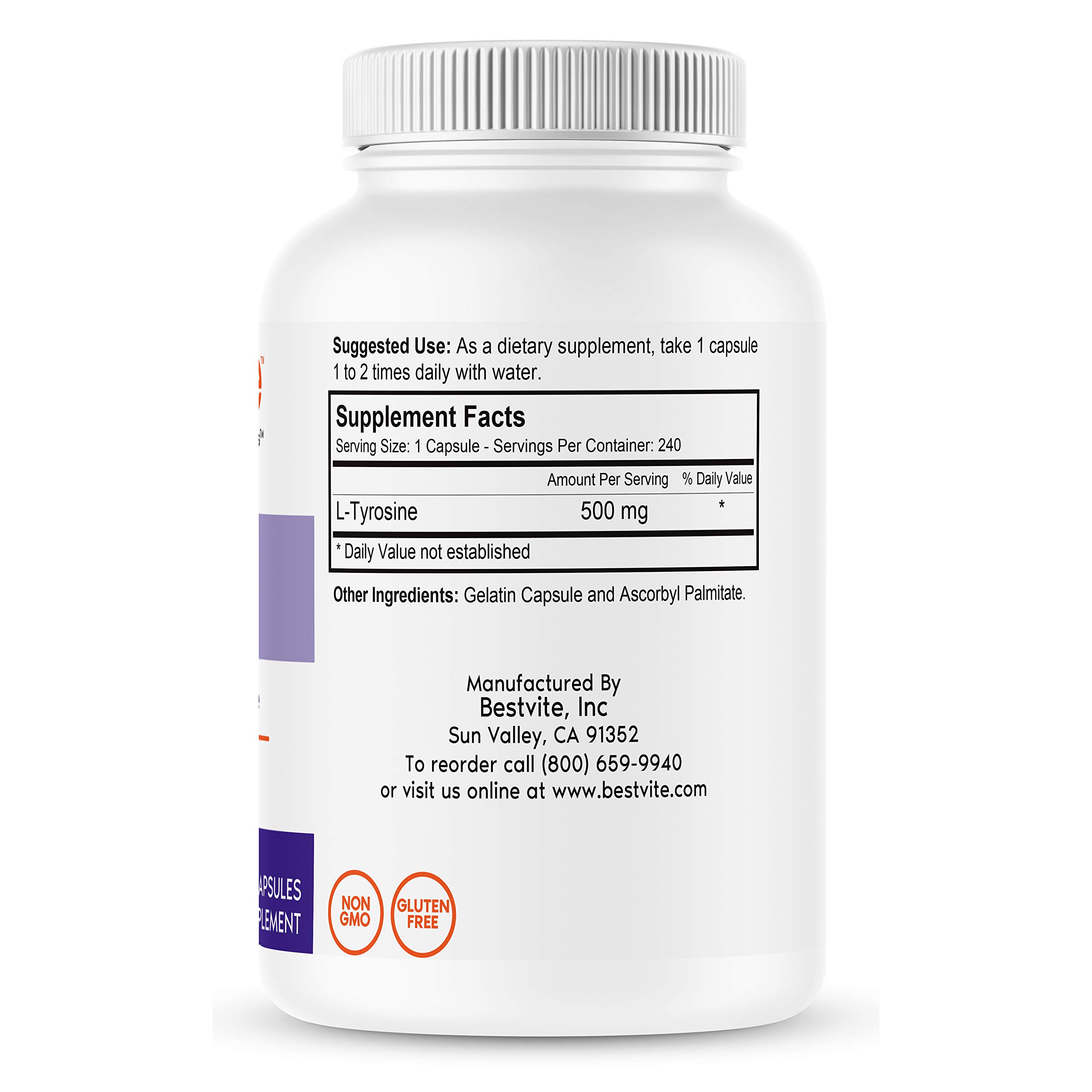 Foto 3 pulgar | Suplemento Bestvite L-tirosina 500 Mg (240 Cápsulas) - Venta Internacional.
