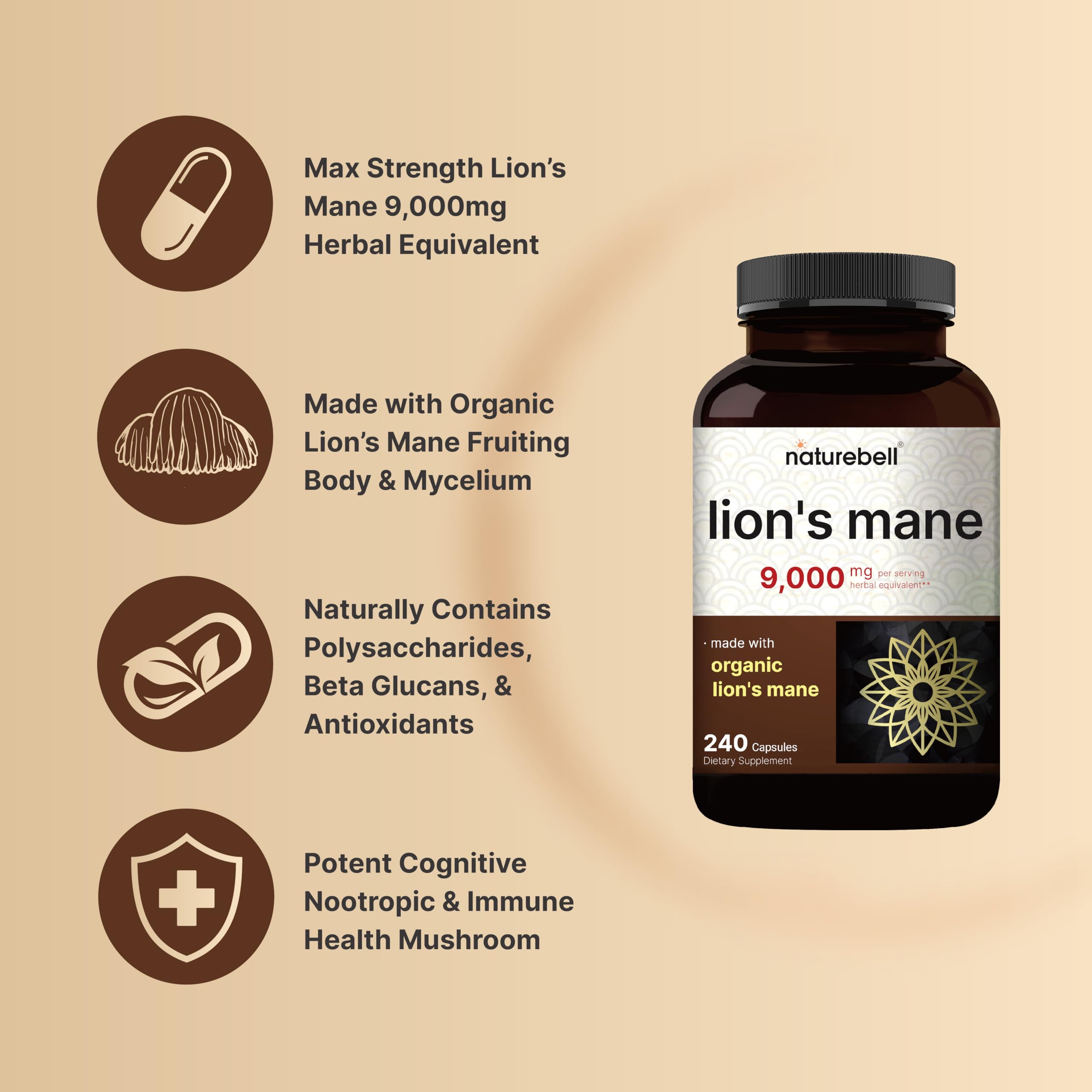 Foto 4 pulgar | Suplemento Natubell Lions Mane Mushroom 9000 Mg 240 Cápsulas - Venta Internacional.