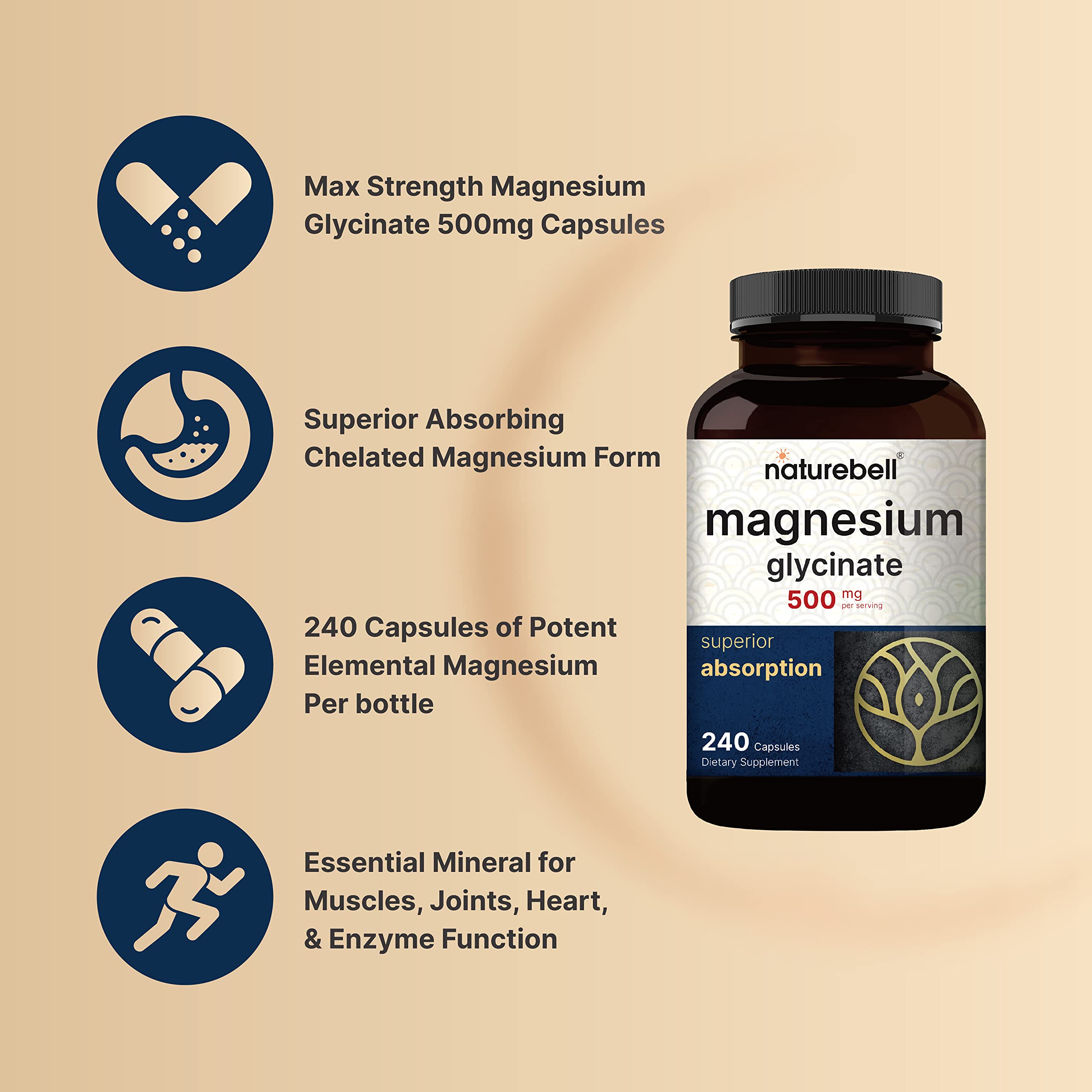 Foto 5 pulgar | Suplemento De Glicinato De Magnesio Naturebell 500 Mg 480 Cápsulas - Venta Internacional.