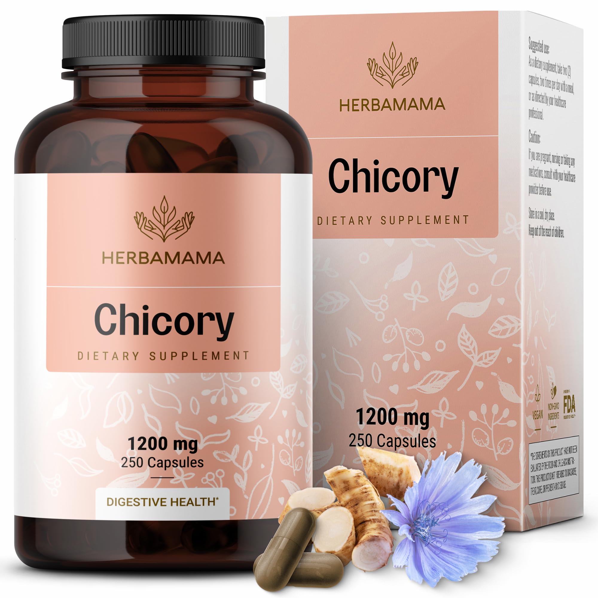 Foto 2 pulgar | Suplemento Herbamama: Cápsulas De Inulina De Achicoria, 1200 Mg, 250 Cápsulas - Venta Internacional.