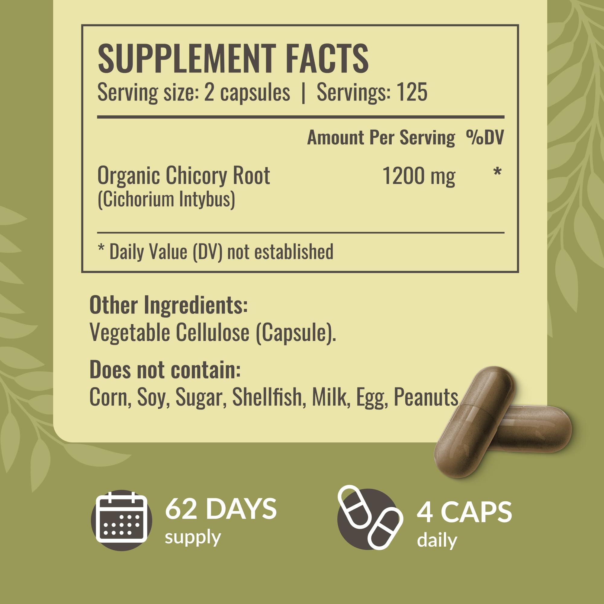 Foto 4 pulgar | Suplemento Herbamama: Cápsulas De Inulina De Achicoria, 1200 Mg, 250 Cápsulas - Venta Internacional.