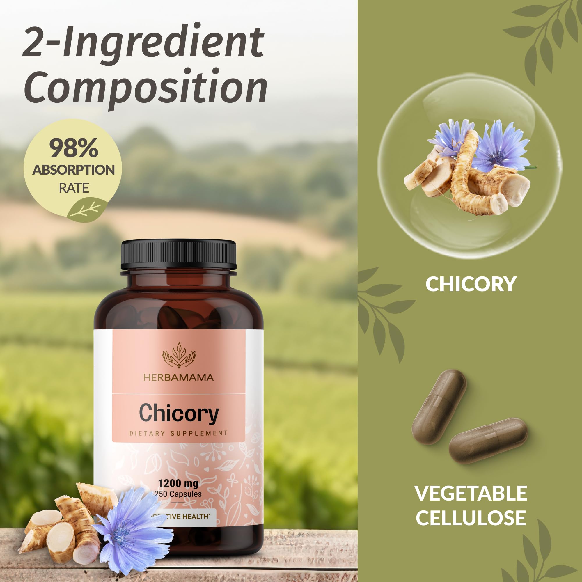 Foto 5 pulgar | Suplemento Herbamama: Cápsulas De Inulina De Achicoria, 1200 Mg, 250 Cápsulas - Venta Internacional.