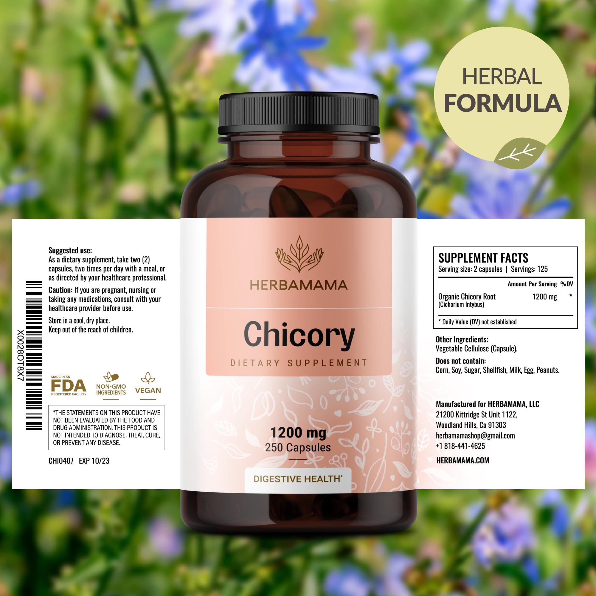 Foto 8 pulgar | Suplemento Herbamama: Cápsulas De Inulina De Achicoria, 1200 Mg, 250 Cápsulas - Venta Internacional.