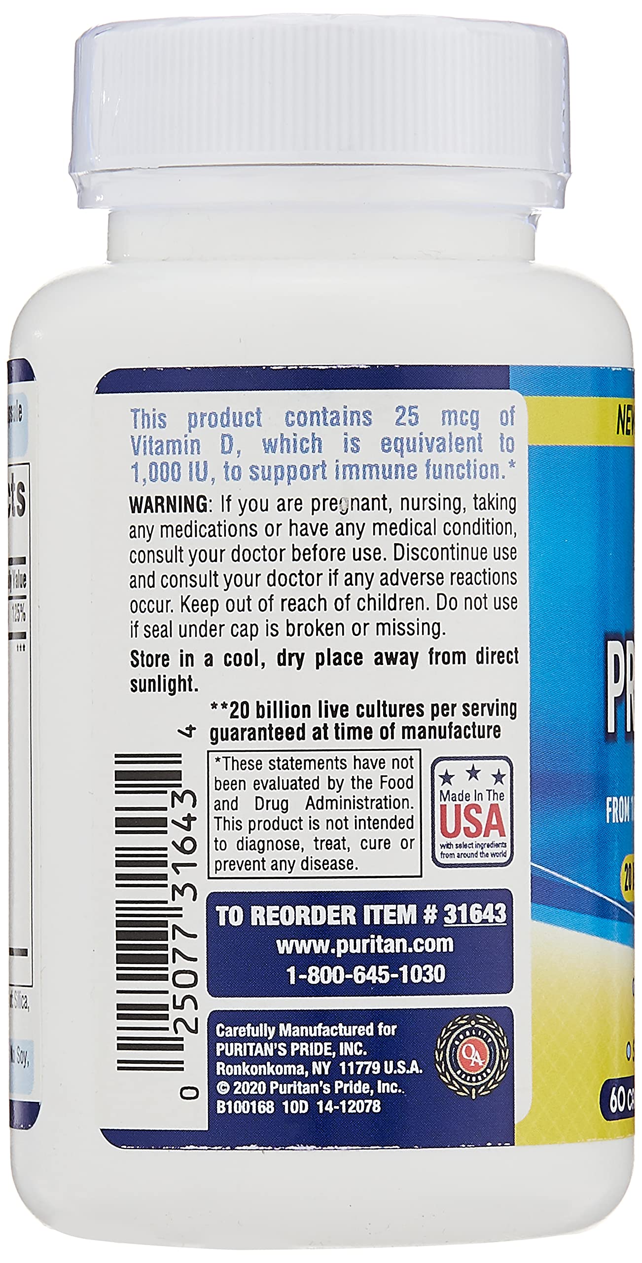Foto 2 | Suplemento Puritan's Pride Probiotic 10 Con Vitamina D 60 Cápsulas - Venta Internacional.
