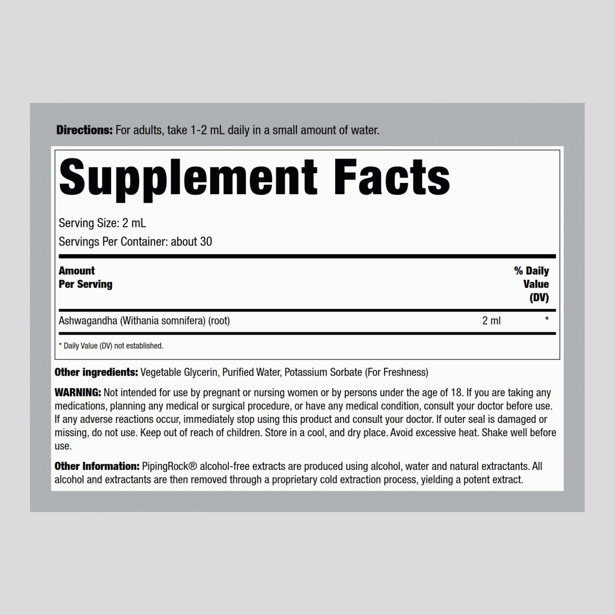 Foto 3 pulgar | Suplemento: Extracto Líquido De Raíz De Ashwagandha Piping Rock, 120 Ml - Venta Internacional.