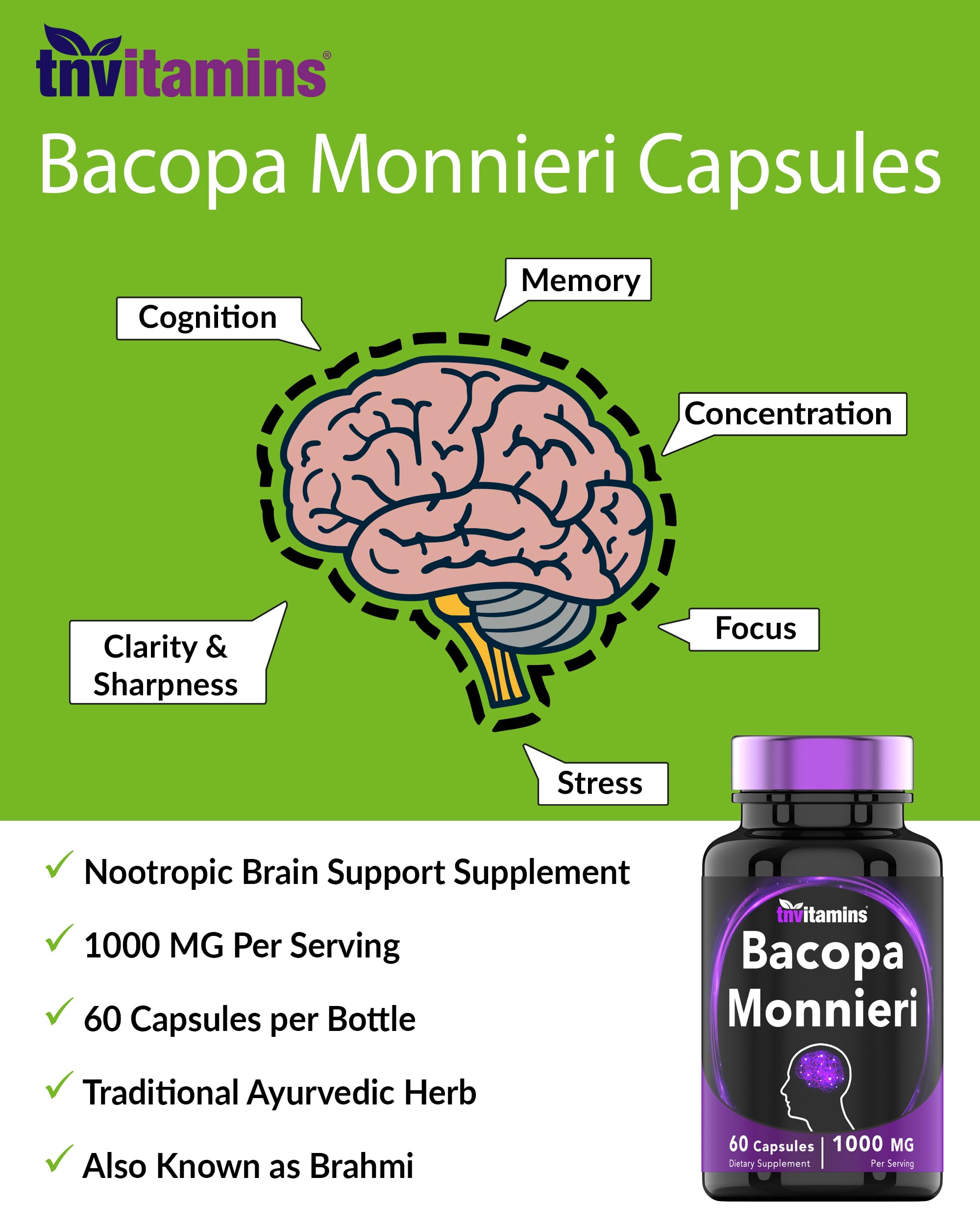 Foto 4 pulgar | Suplemento De Vitaminas Bacopa Monnieri En Cápsulas 1000 Mg (60) - Venta Internacional.
