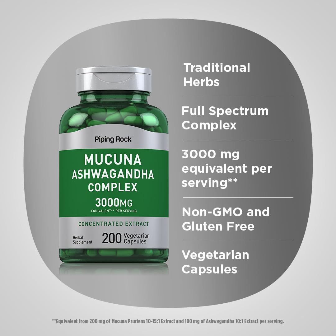 Foto 4 | Suplemento Piping Rock Mucuna Ashwagandha 200 Cápsulas - Venta Internacional.