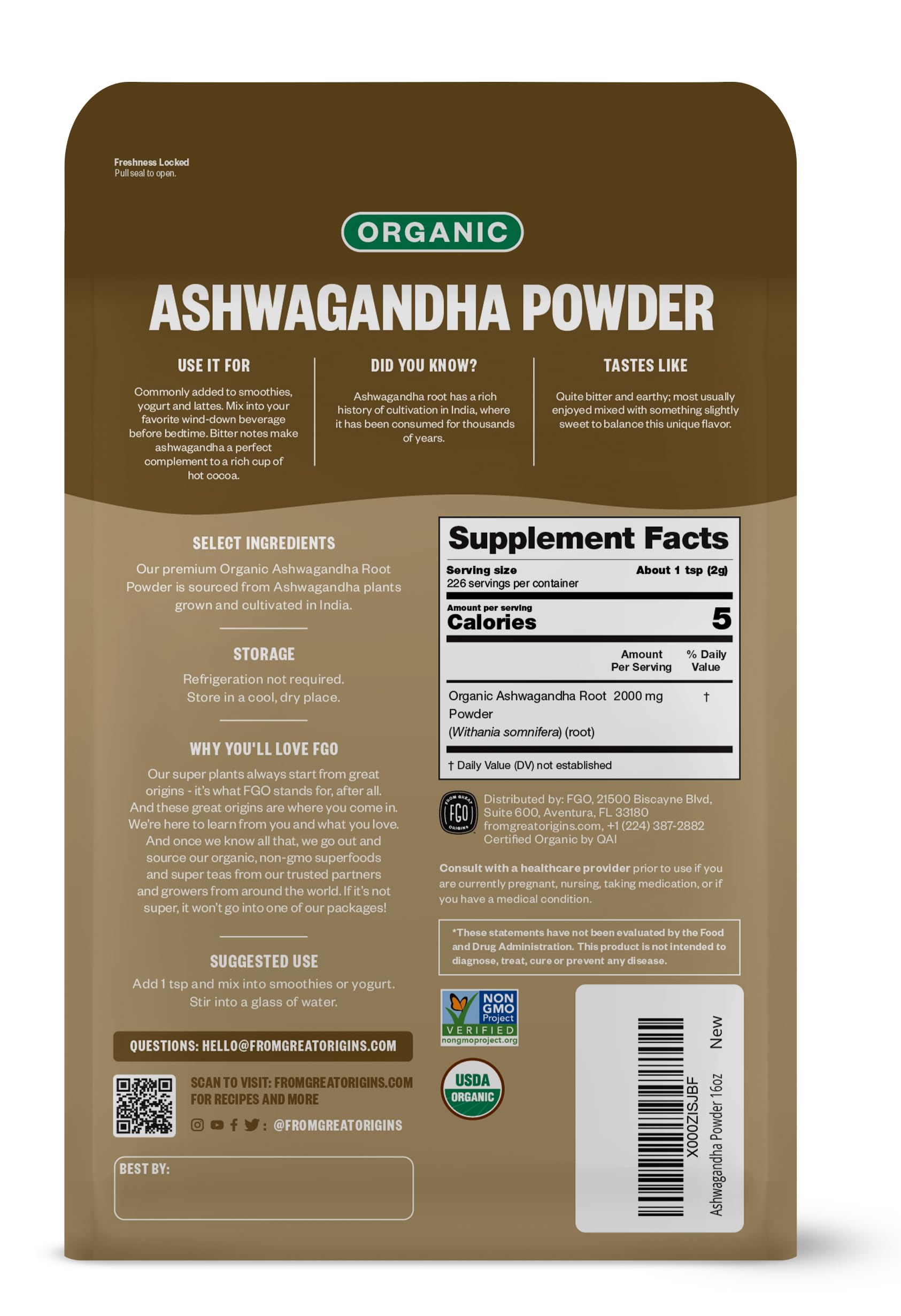 Foto 3 pulgar | Bolsa Resellable De 453 G De Polvo De Raíz De Ashwagandha Fgo Organic - Venta Internacional.