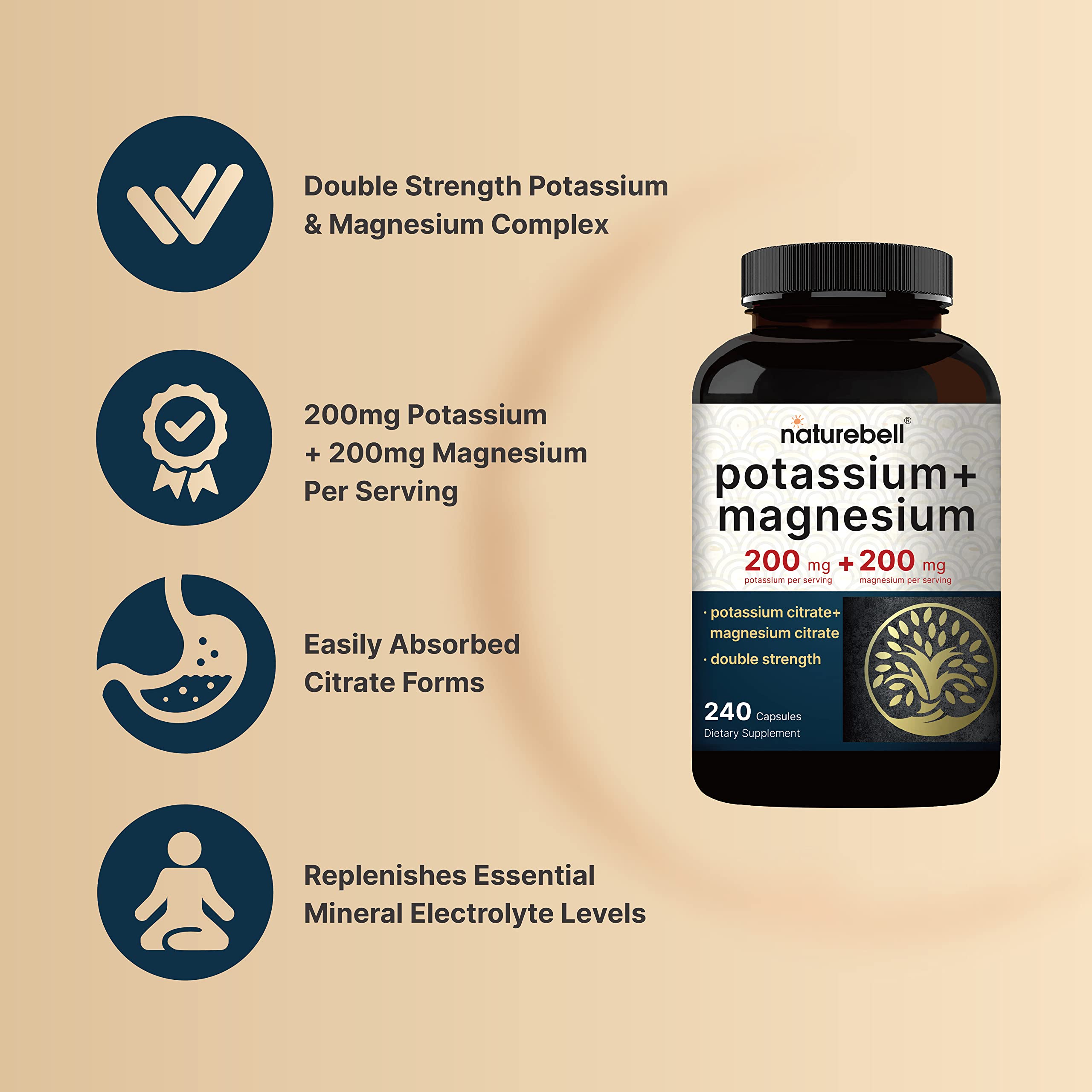 Foto 4 pulgar | Suplemento Naturebell Potasio 200 Mg + Magnesio 200 Mg 240 Cápsulas - Venta Internacional.