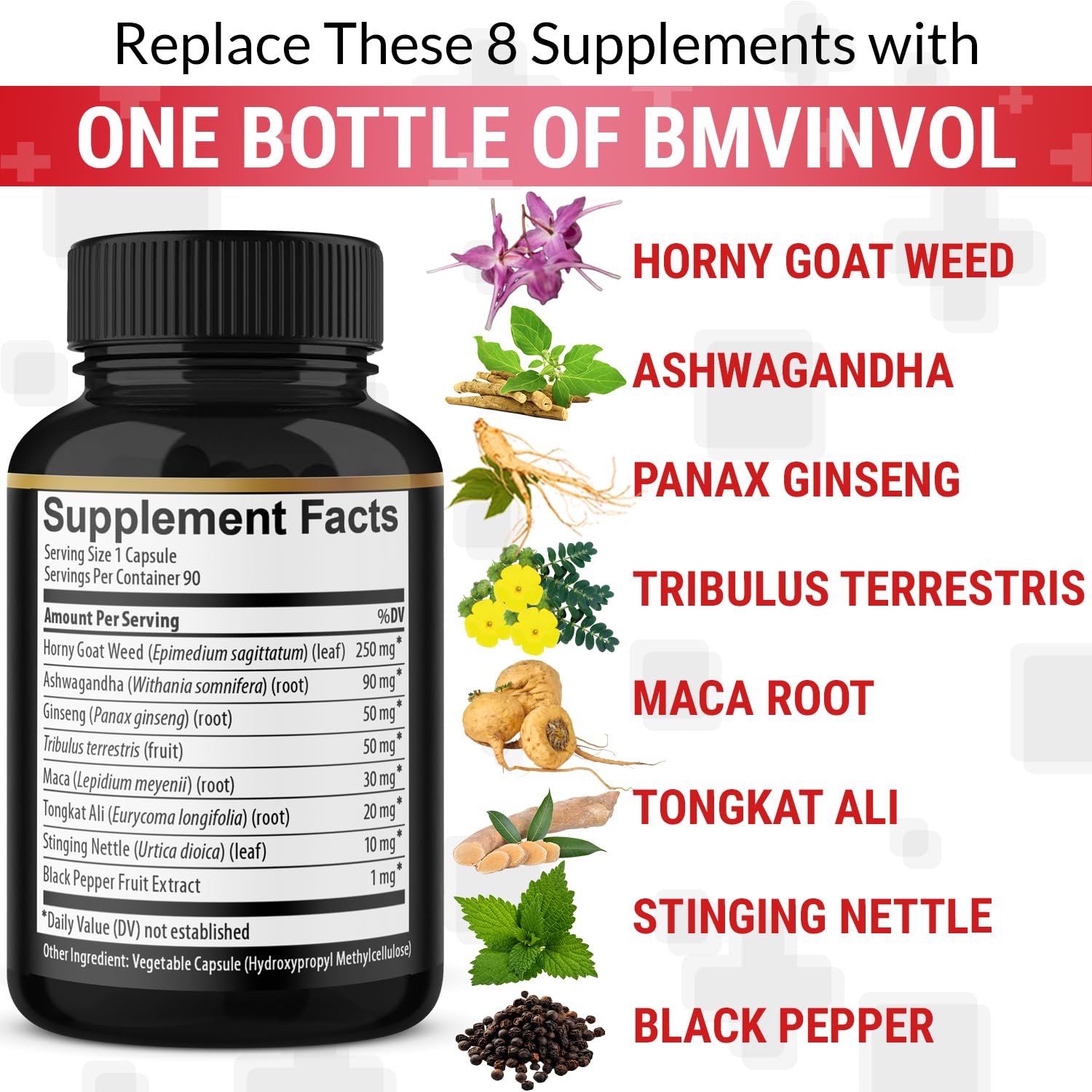 Foto 5 pulgar | Suplemento Bmvinvol Horny Goat Weed Con Maca Y Ginseng, 90 Cápsulas - Venta Internacional.