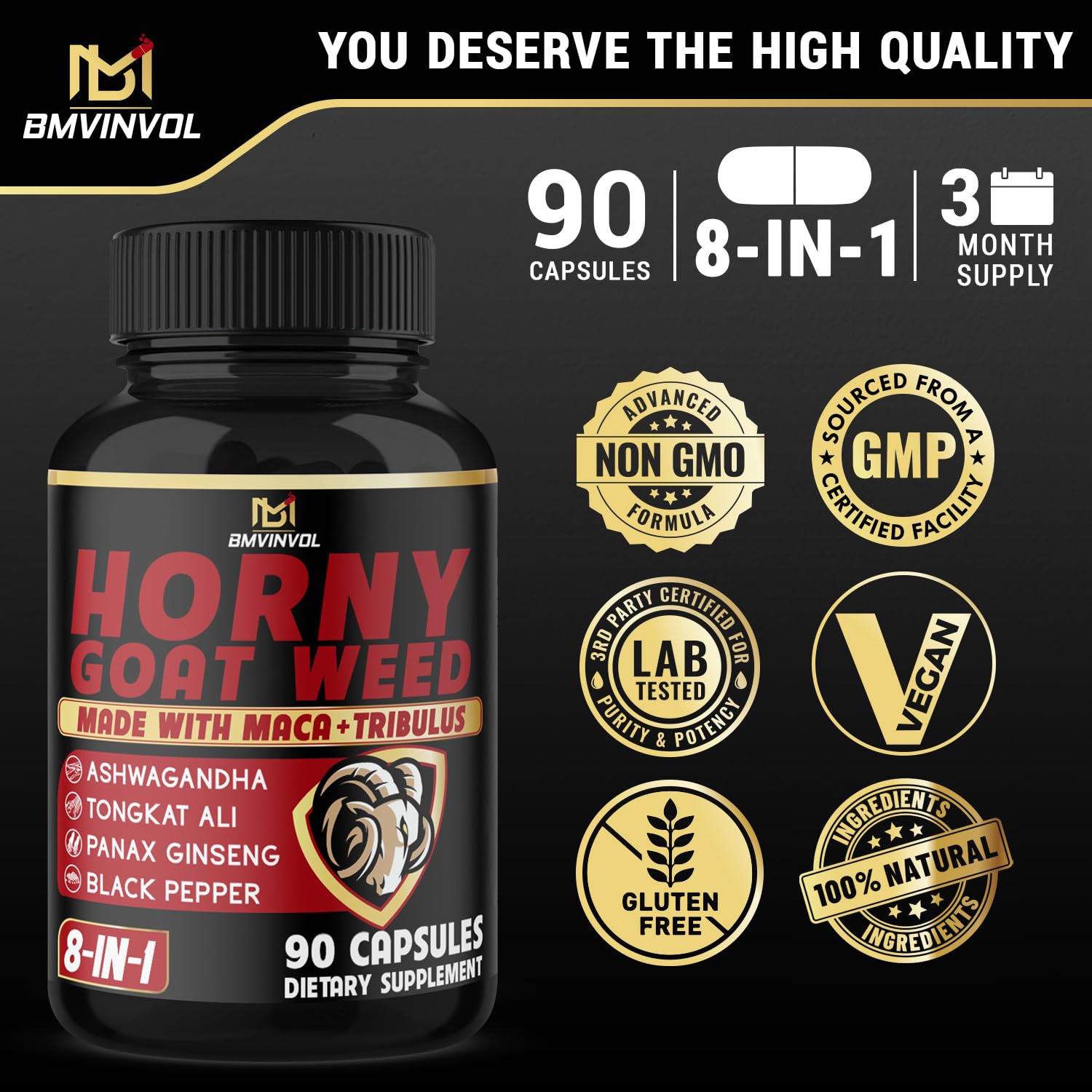 Foto 8 pulgar | Suplemento Bmvinvol Horny Goat Weed Con Maca Y Ginseng, 90 Cápsulas - Venta Internacional.