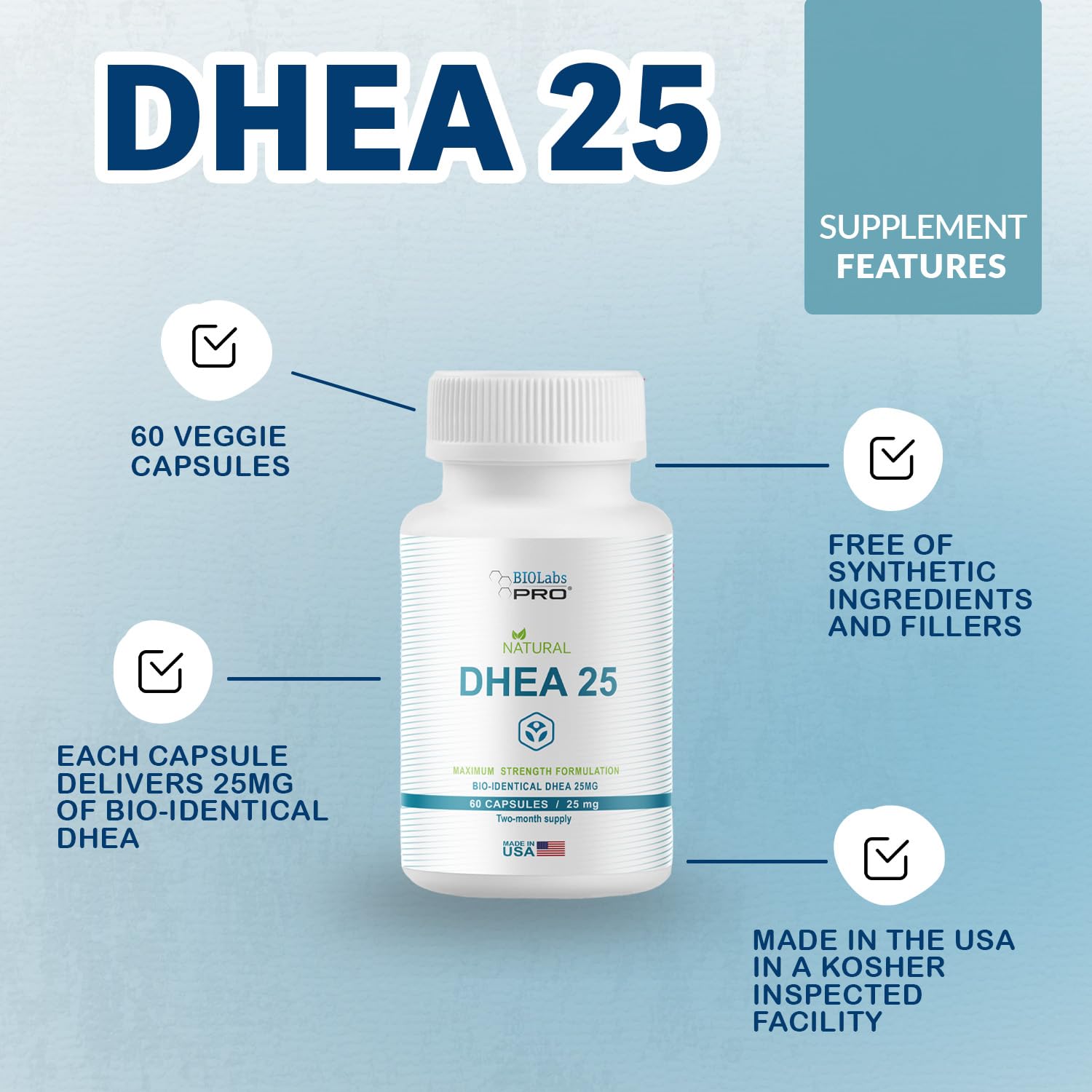 Foto 3 pulgar | Suplemento Biolabs Pro Dhea 25 Mg Para Mujeres Y Hombres 60 Cápsulas - Venta Internacional.