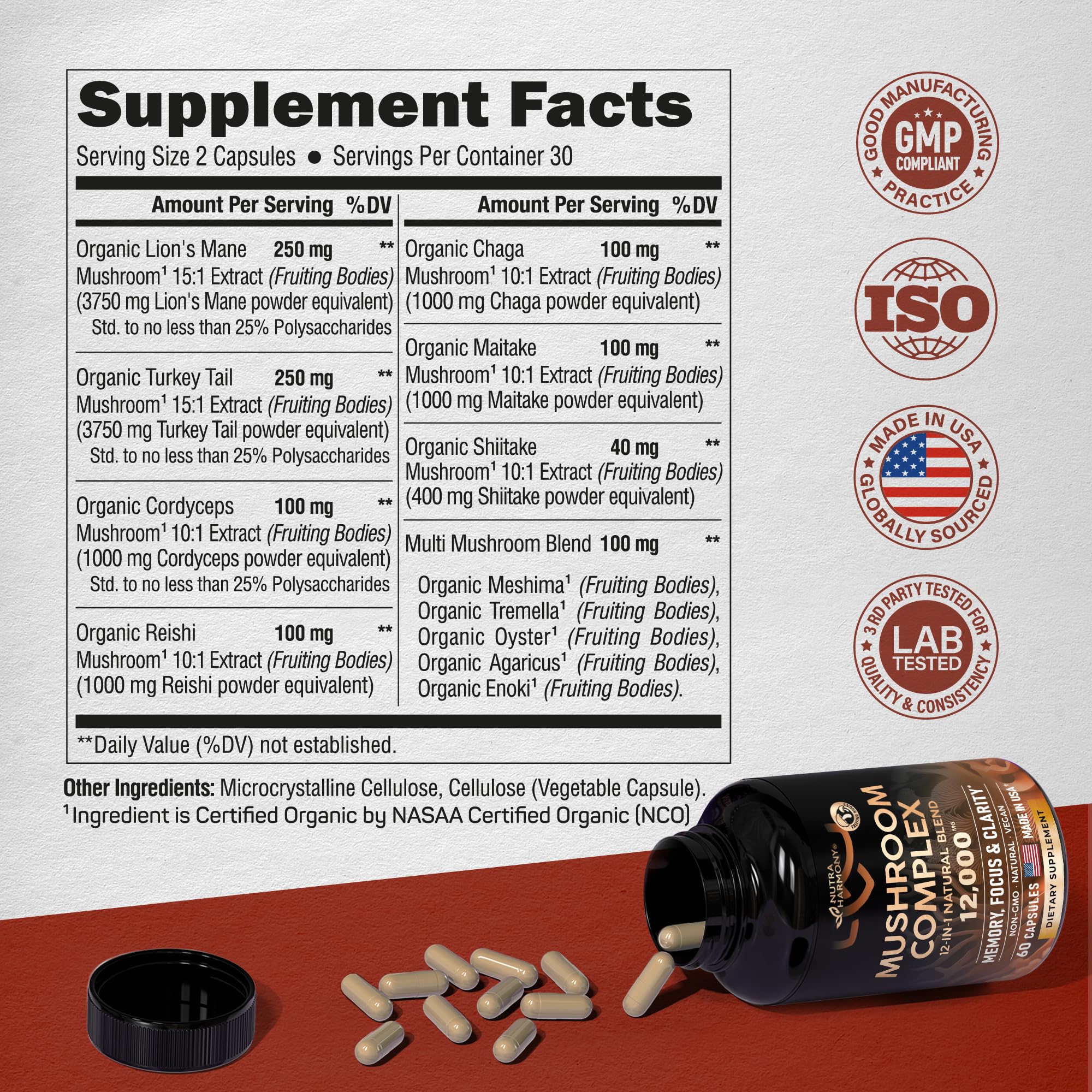 Foto 3 pulgar | Suplemento Del Complejo De Hongos 12 En 1 Nutraharmony De 1200 Mg - Venta Internacional.