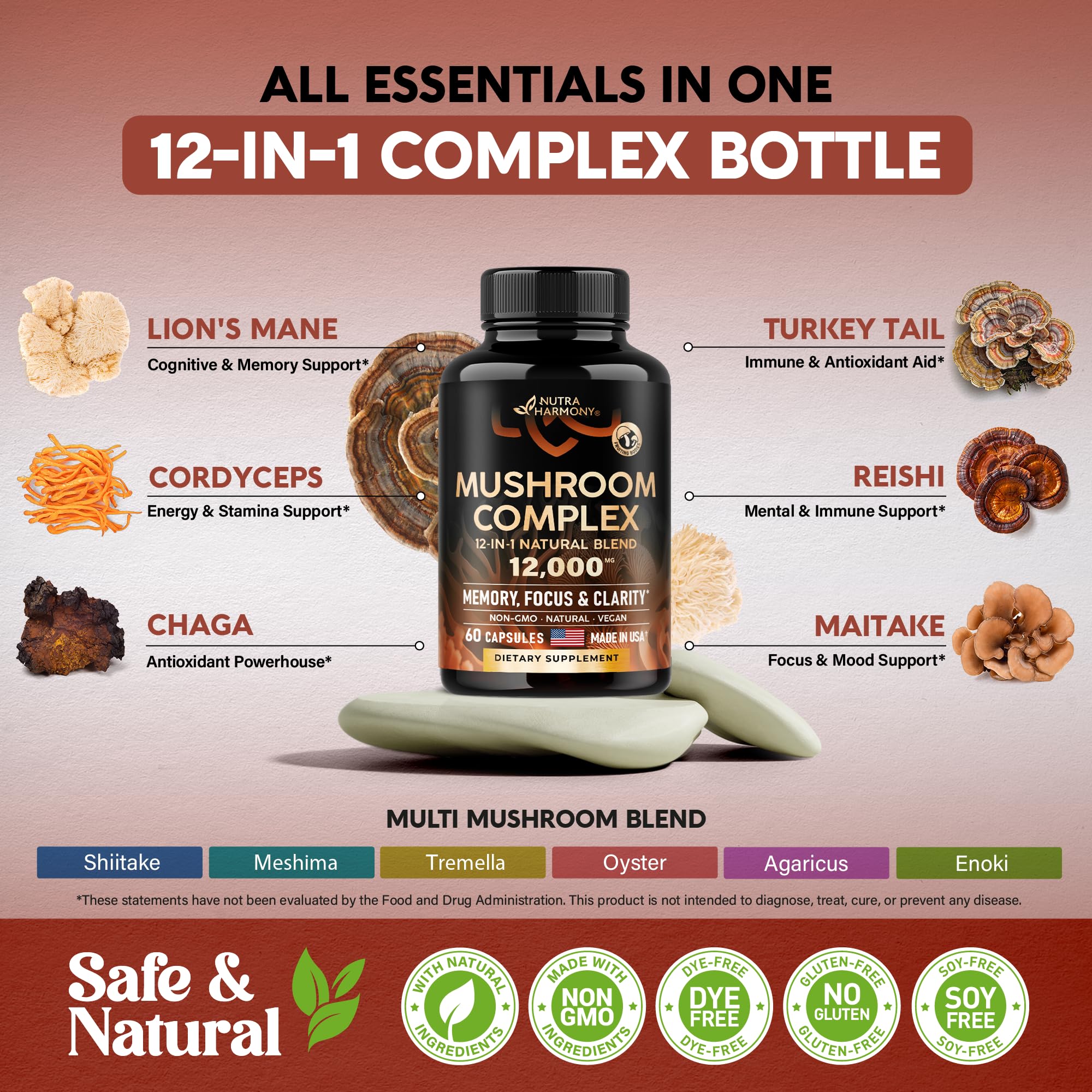 Foto 4 pulgar | Suplemento Del Complejo De Hongos 12 En 1 Nutraharmony De 1200 Mg - Venta Internacional.