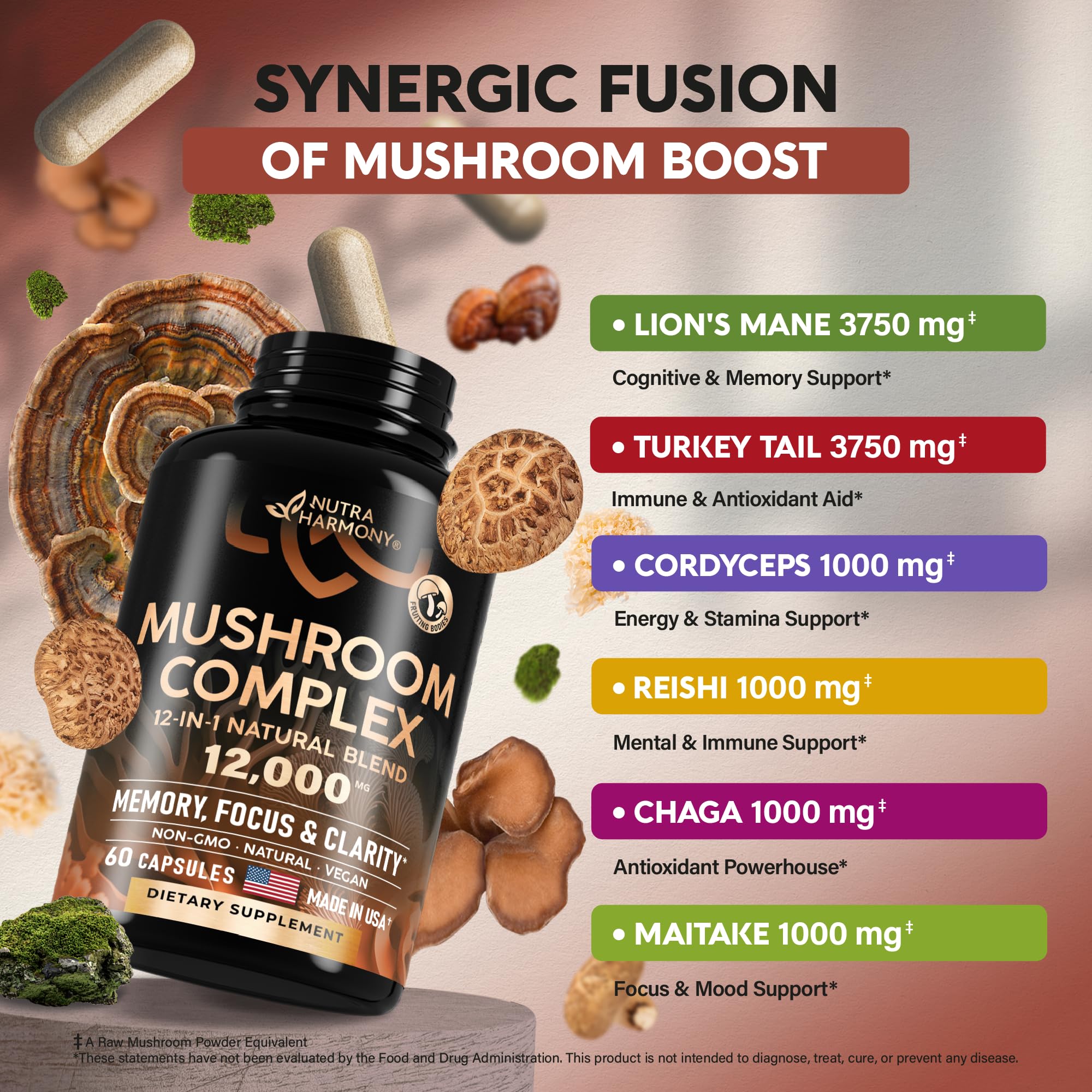 Foto 5 pulgar | Suplemento Del Complejo De Hongos 12 En 1 Nutraharmony De 1200 Mg - Venta Internacional.