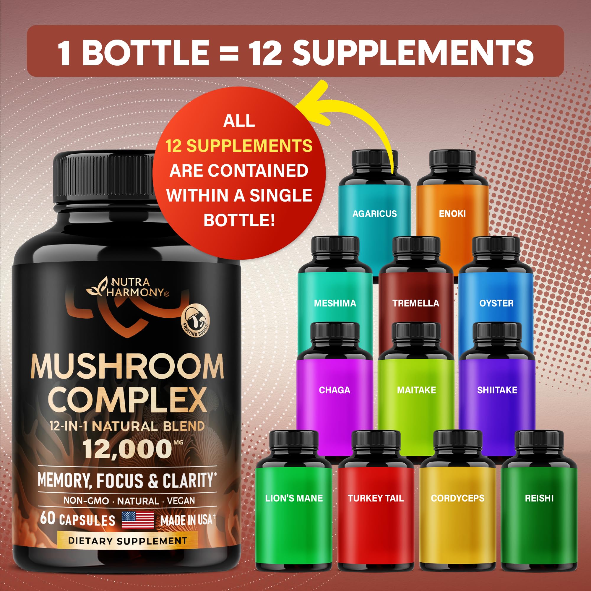 Foto 8 pulgar | Suplemento Del Complejo De Hongos 12 En 1 Nutraharmony De 1200 Mg - Venta Internacional.