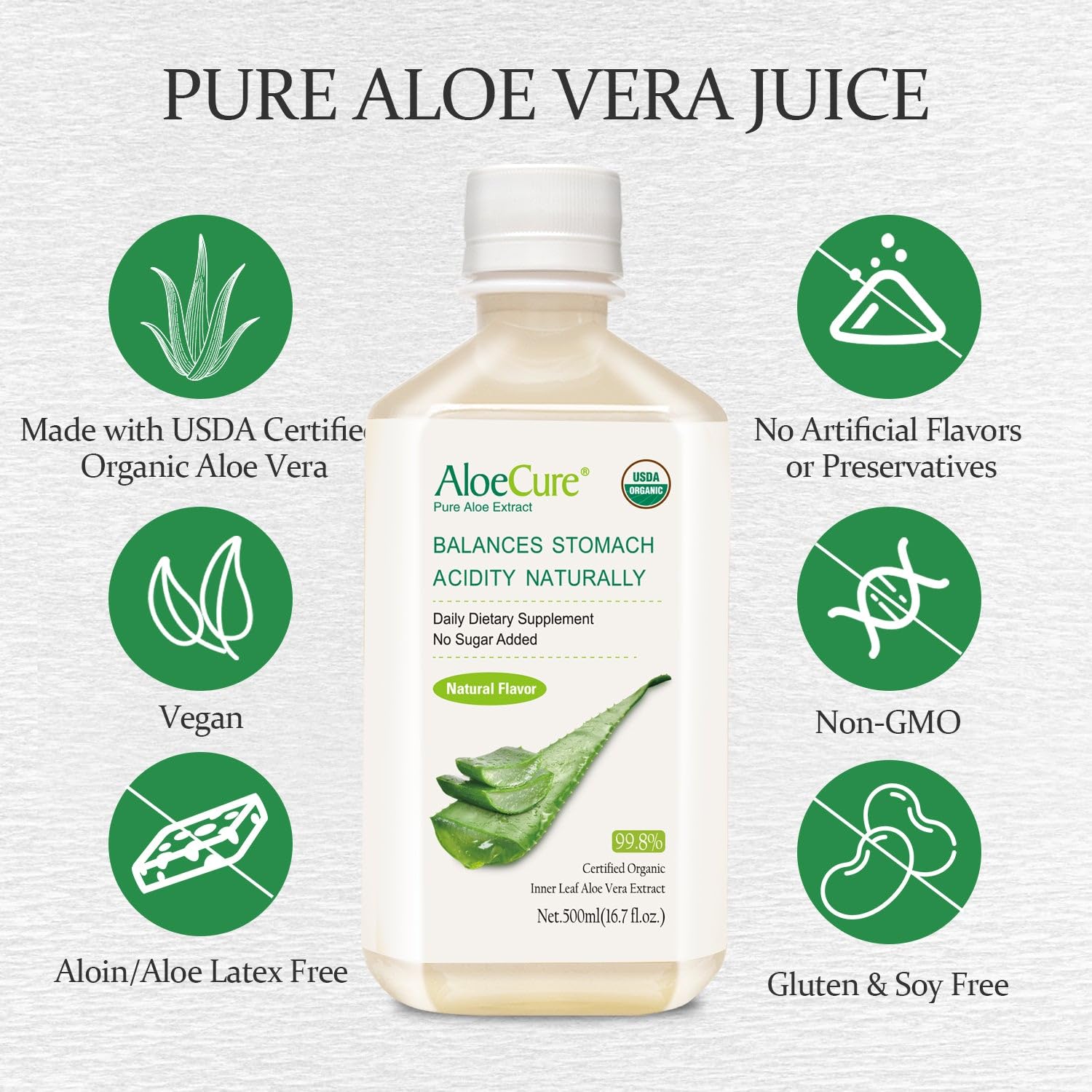 Foto 4 pulgar | Zumo De Aloe Vera Aloecure Usda Organic, Suplemento Digestivo De 500 Ml - Venta Internacional.