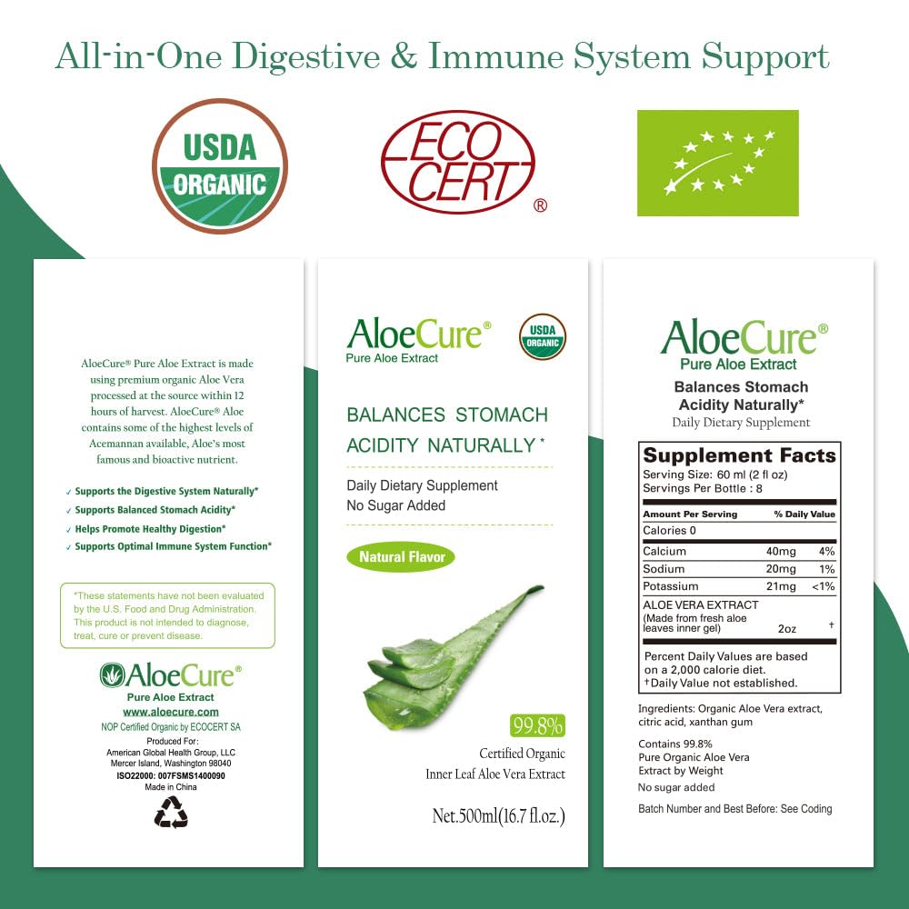 Foto 5 pulgar | Zumo De Aloe Vera Aloecure Usda Organic, Suplemento Digestivo De 500 Ml - Venta Internacional.