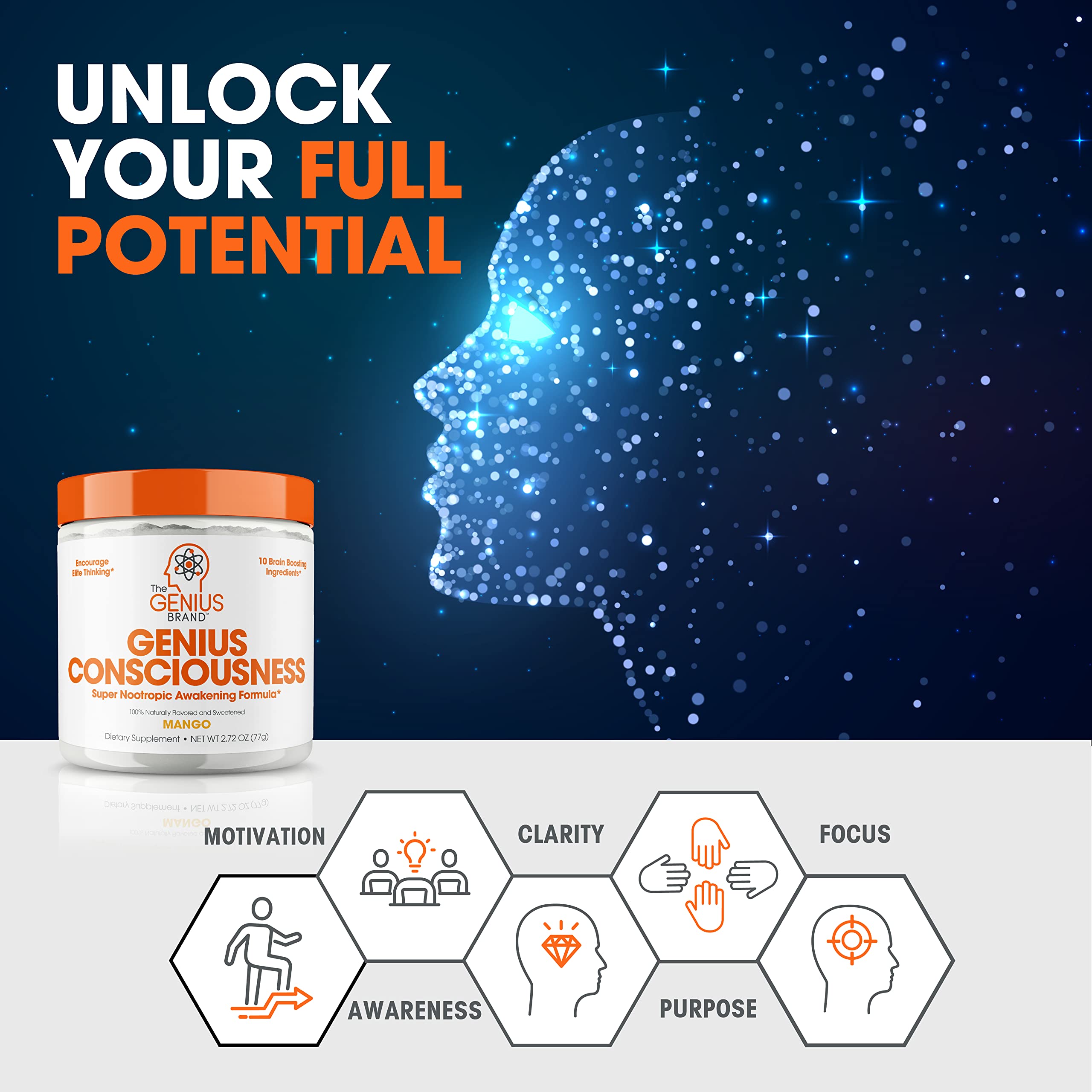Foto 2 | Suplemento Genius Consciousness Brain En Polvo Con Sabor A Mango - Venta Internacional.