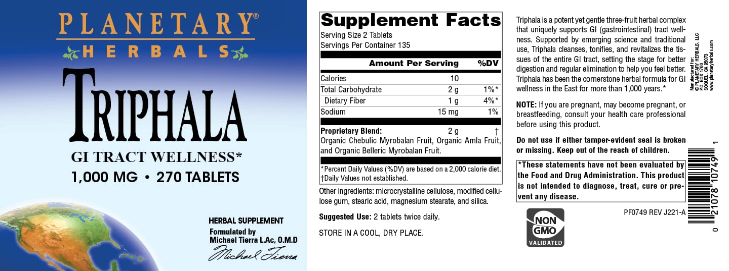 Foto 5 pulgar | Suplemento Planetary Herbals Triphala 1000 Mg - 270 Comprimidos - Venta Internacional.