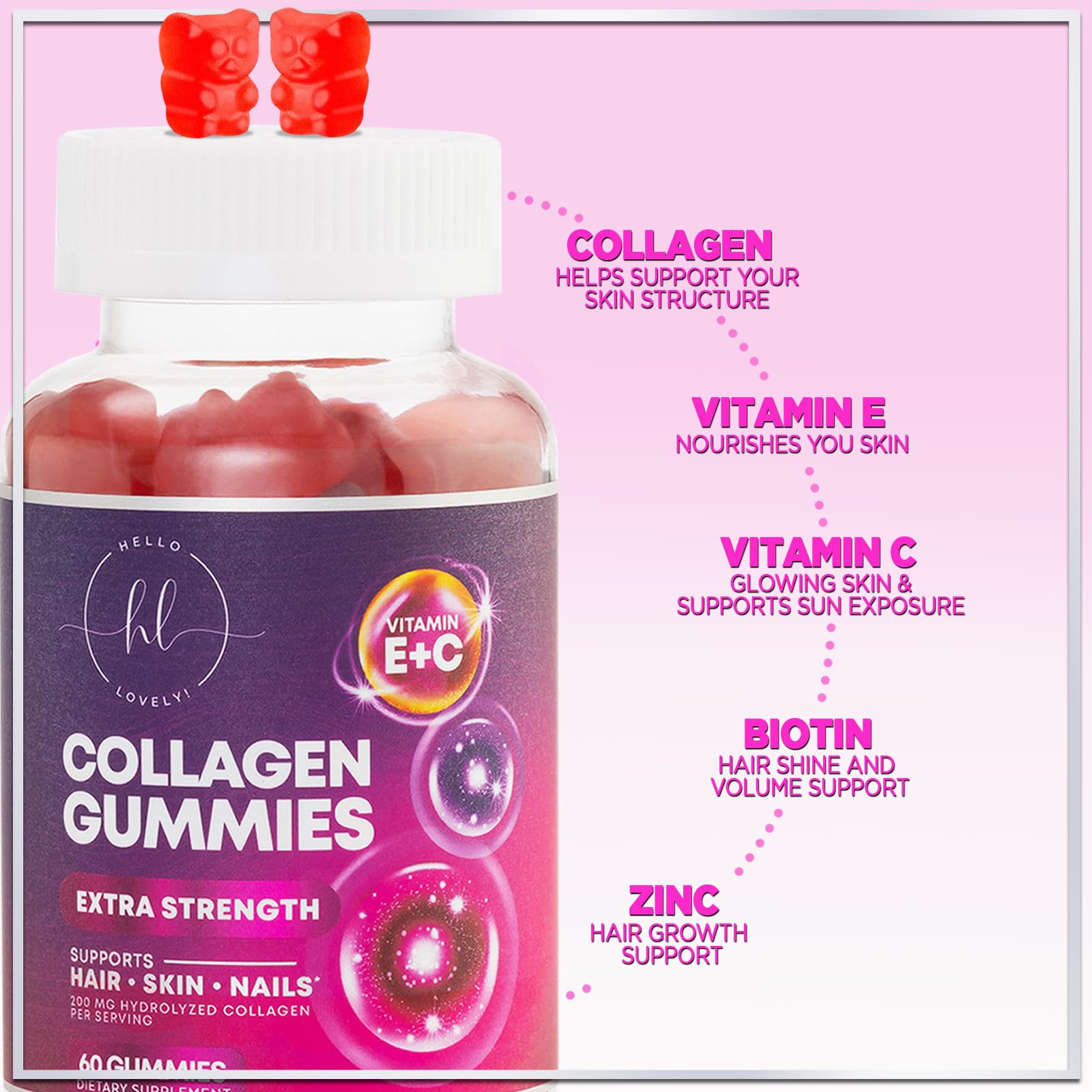 Foto 5 | Suplementos Hello Lovely! Gomitas De Colágeno Con Biotina, 60 Unidades - Venta Internacional.