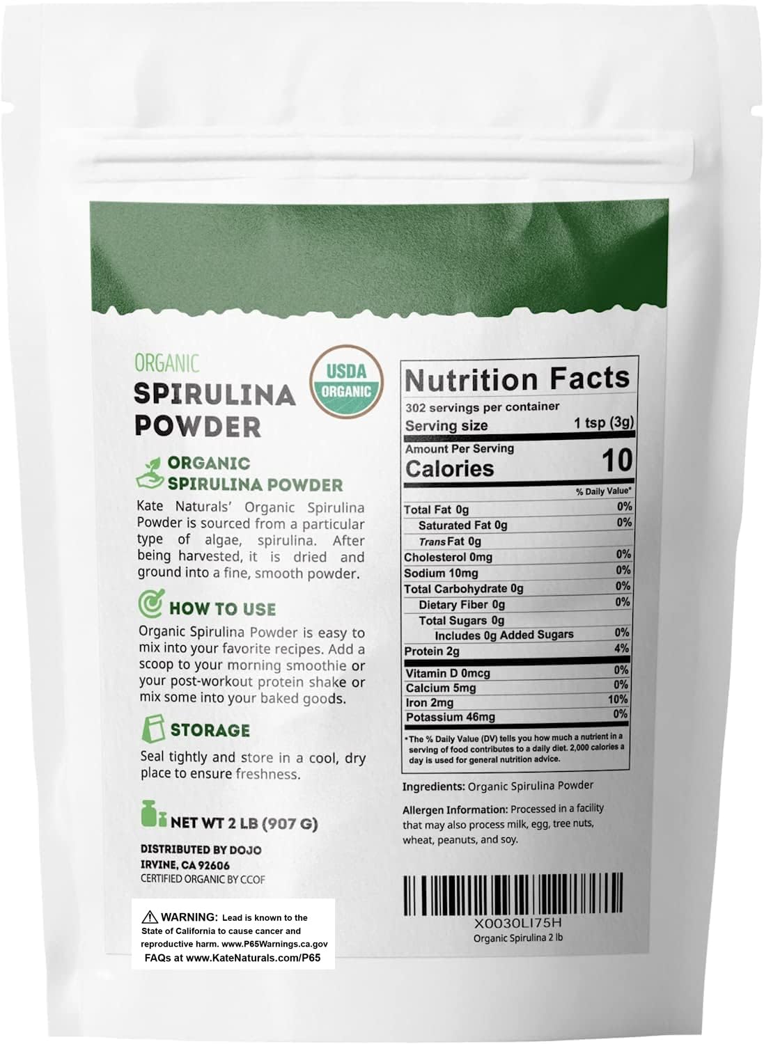 Foto 2 | Suplemento Superalimenticio De Espirulina Orgánica Kate Naturals, 2 Libras - Venta Internacional.