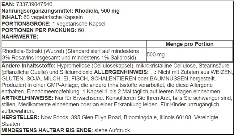 Foto 3 pulgar | Suplemento Now Foods, Extracto De Rhodiola, 500 Mg, 60 Cápsulas - Venta Internacional.