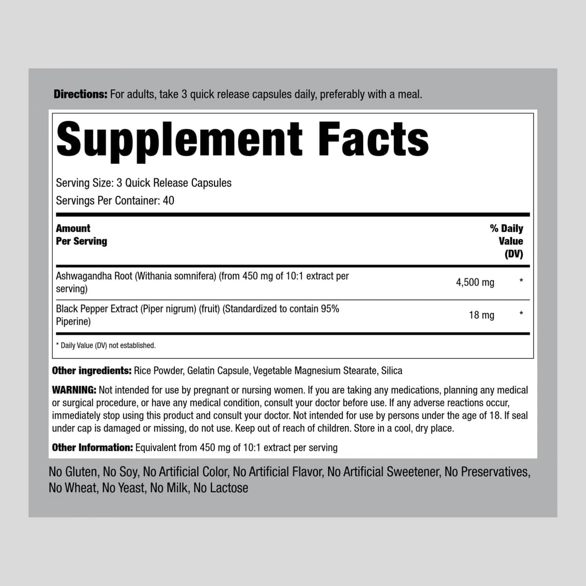 Foto 2 | Suplemento Piping Rock: Extracto De Raíz De Ashwagandha, 4500 Mg, 120 Cápsulas - Venta Internacional.