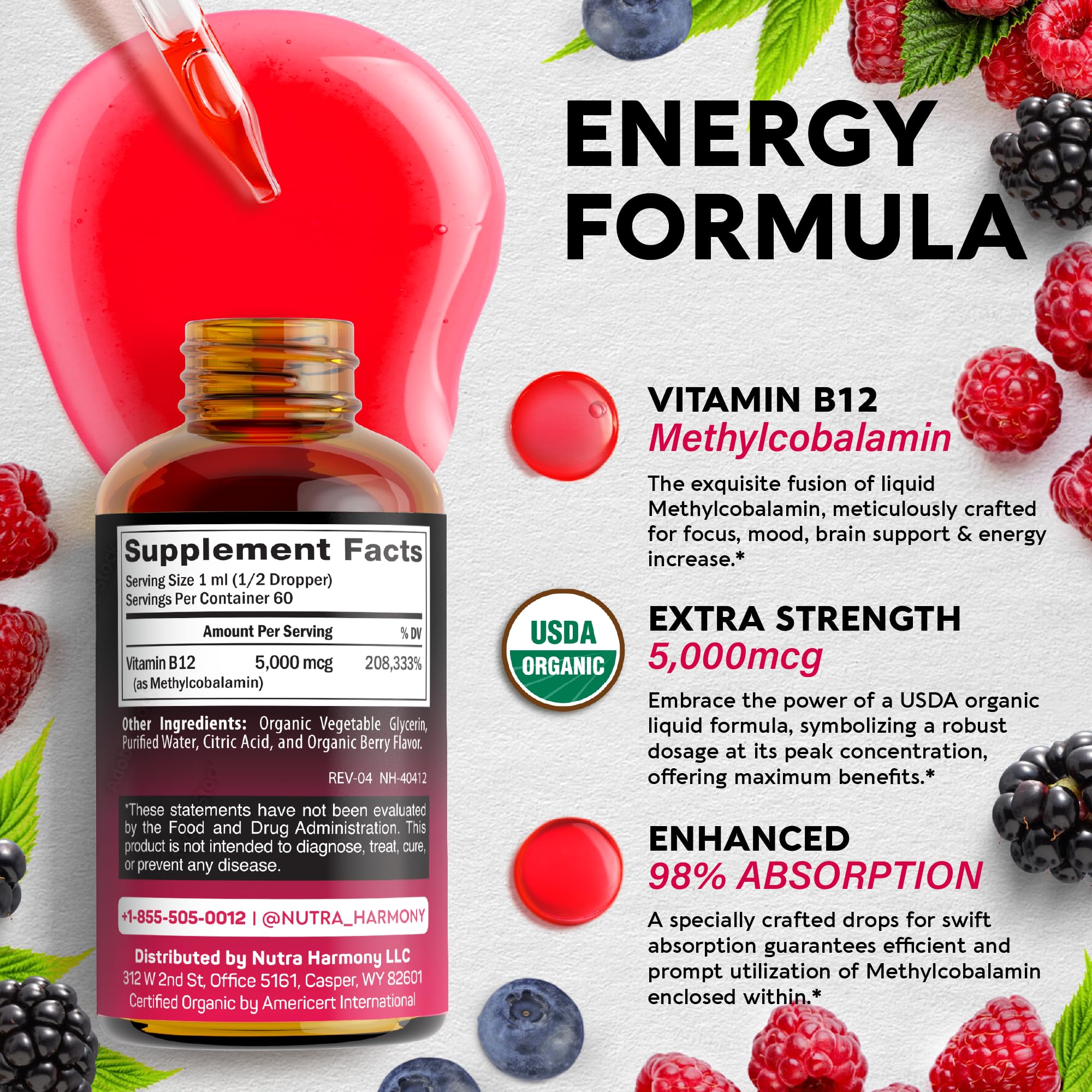 Foto 3 pulgar | Suplemento Nutraharmony De Vitamina B12 En Gotas Sublinguales De 5000 Mcg - Venta Internacional.