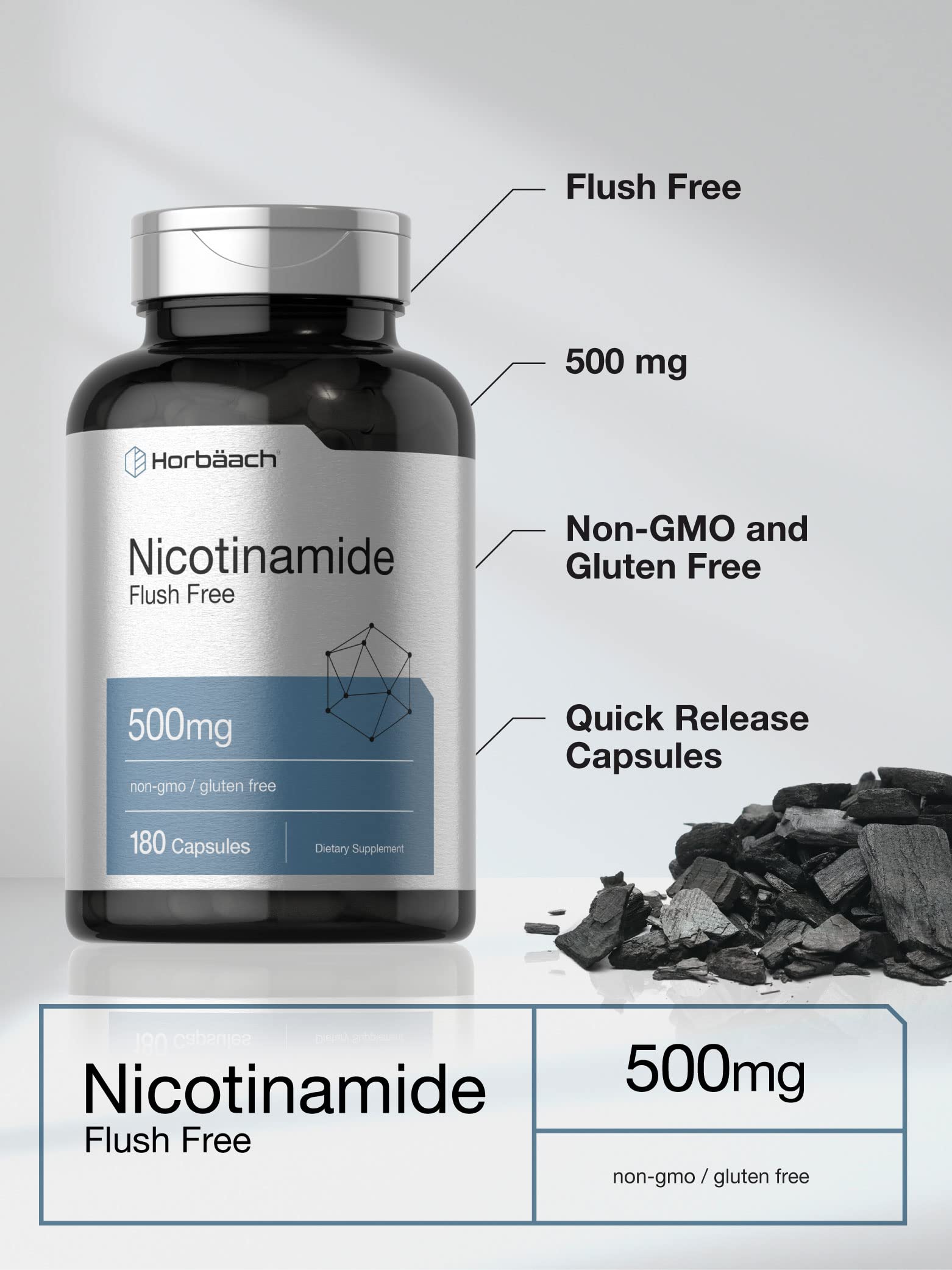 Foto 4 pulgar | Suplemento Horbaach Flush Free Nicotinamida 500 Mg 180 Cápsulas - Venta Internacional.