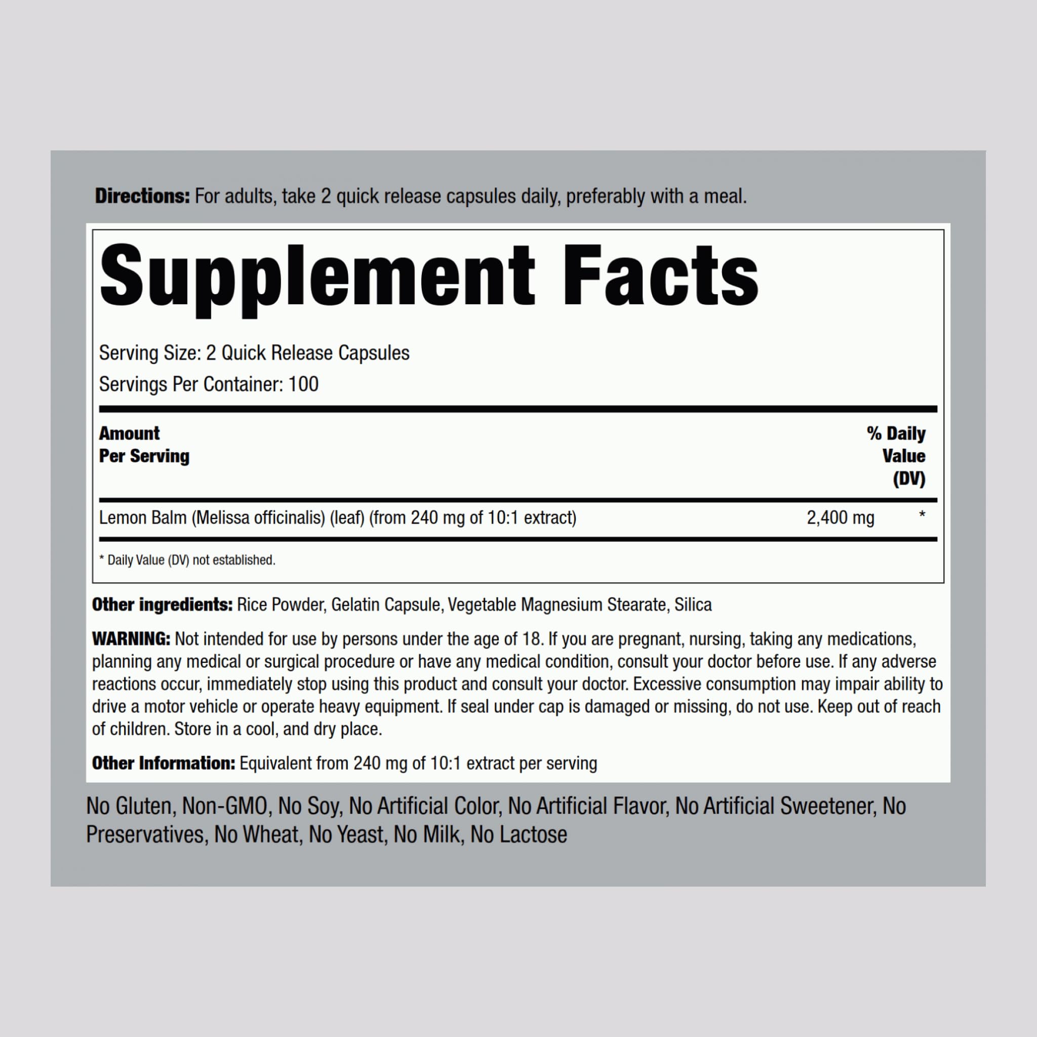 Foto 2 | Suplemento De Extracto De Bálsamo De Limón Piping Rock 2400 Mg 200 Cápsulas - Venta Internacional.