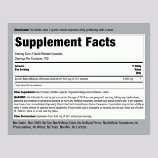 Foto 2 | Suplemento De Extracto De Bálsamo De Limón Piping Rock 2400 Mg 200 Cápsulas - Venta Internacional.