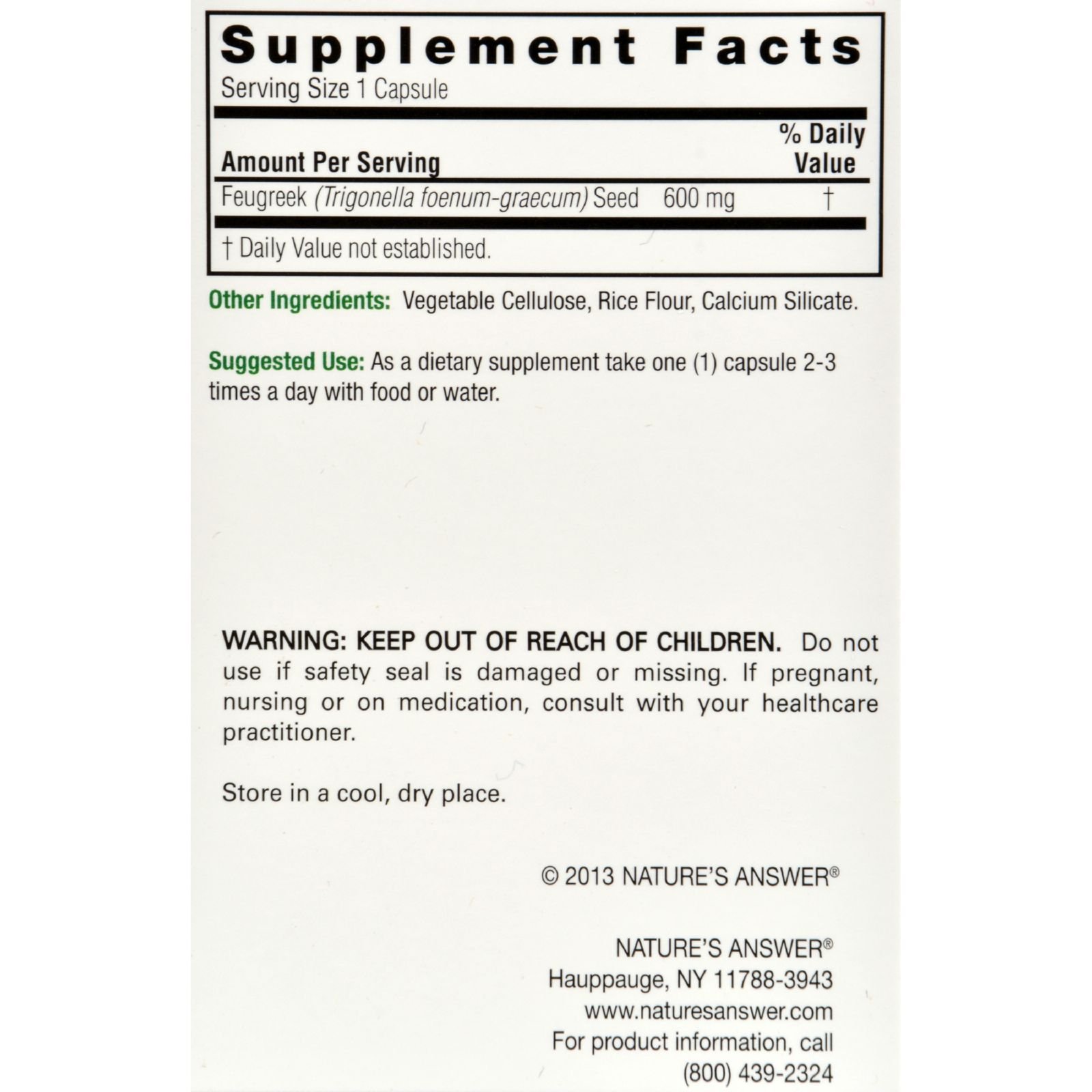 Foto 2 | Suplemento Nature's Answer Con Semillas De Fenogreco 90 Cápsulas - Venta Internacional.