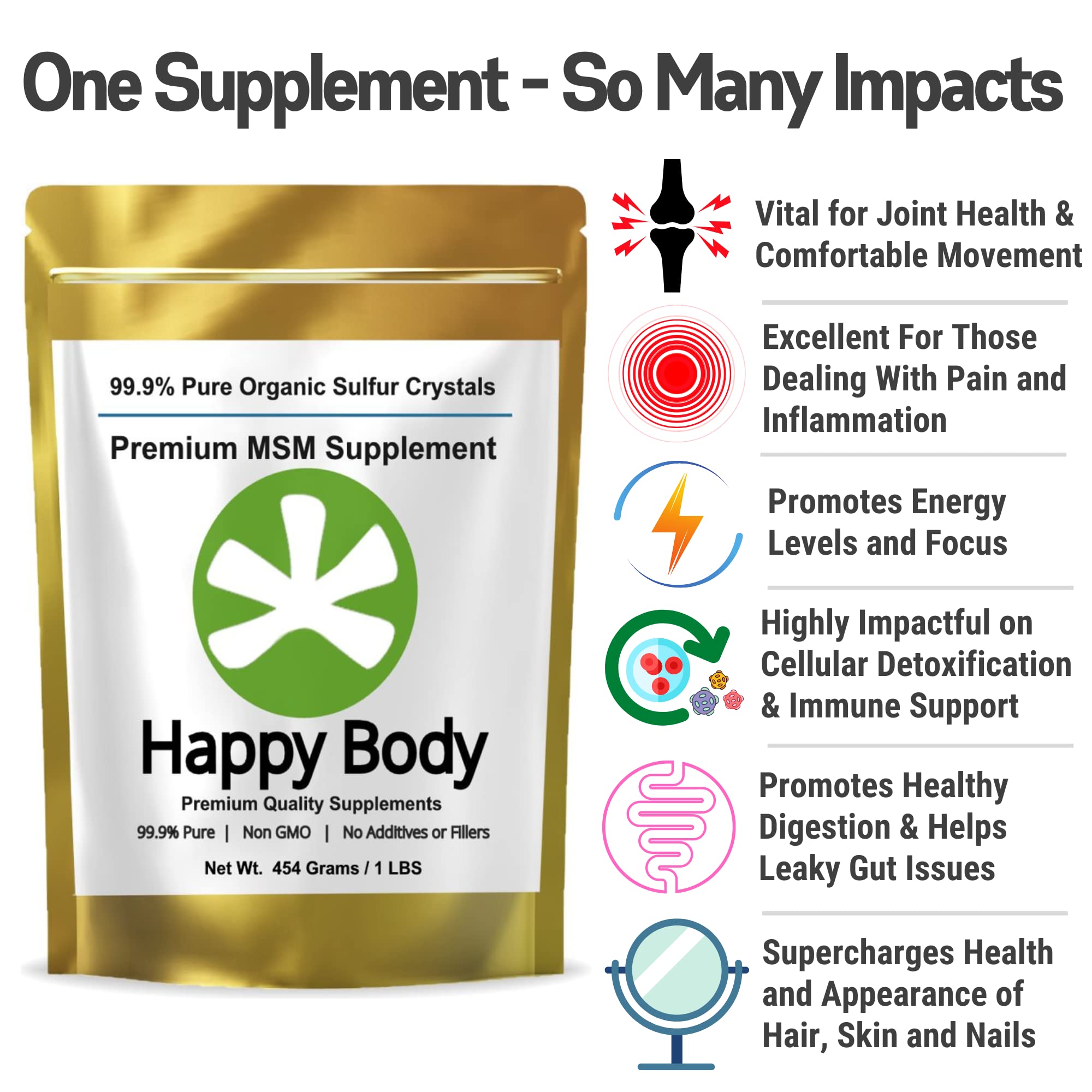 Foto 2 | Suplemento De Msm Happy Body, Cristales De Azufre Orgánicos, 454 G - Venta Internacional.