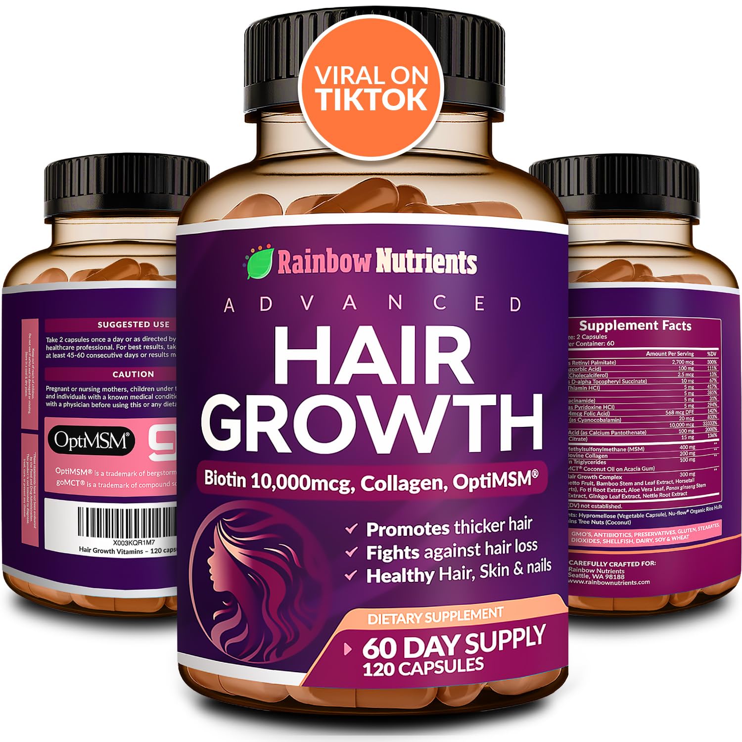 Vitaminas Para El Crecimiento Del Cabello, Rainbow Nutrients, Biotina, 10,000 Mcg, Mujeres - Venta Internacional.