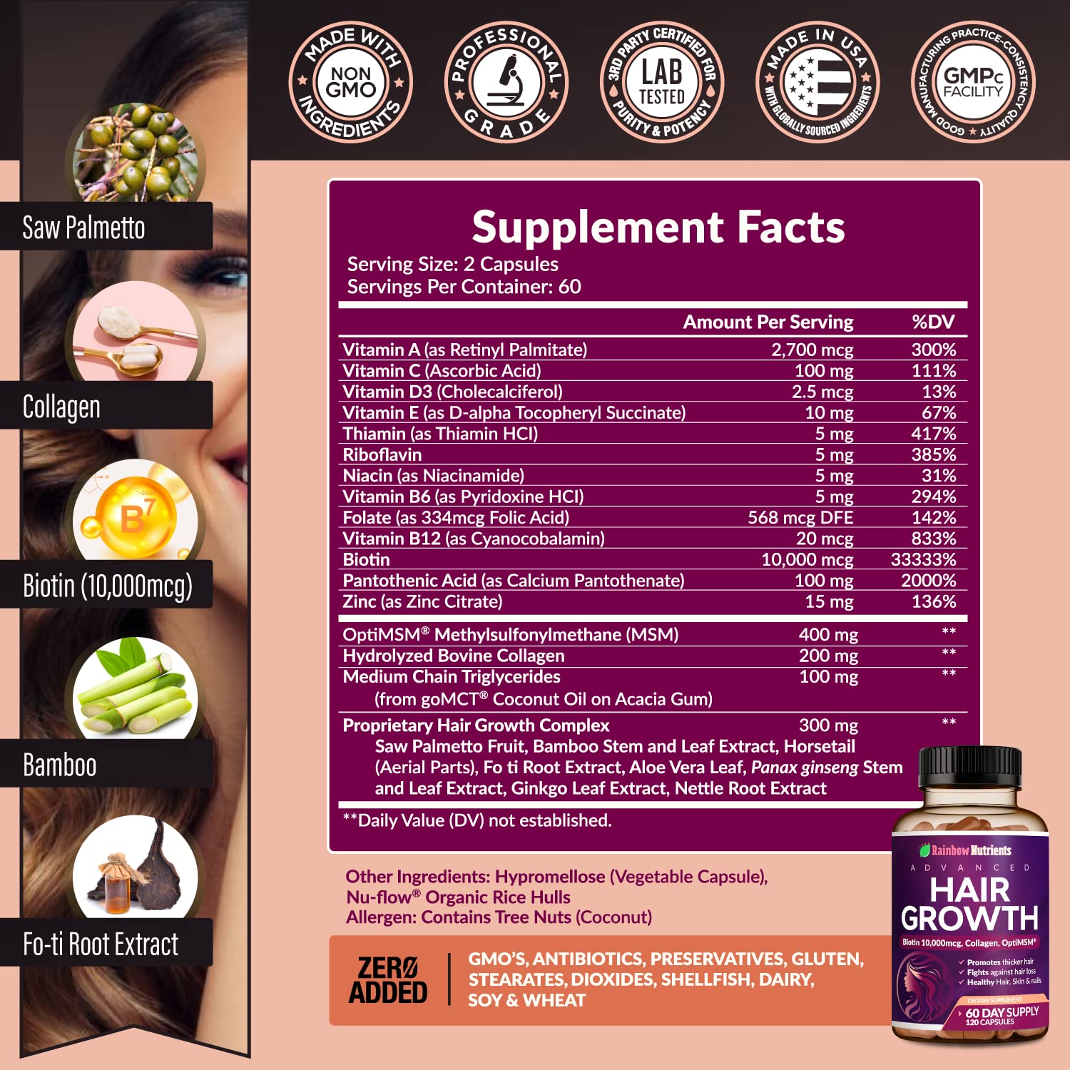 Foto 3 pulgar | Vitaminas Para El Crecimiento Del Cabello, Rainbow Nutrients, Biotina, 10,000 Mcg, Mujeres - Venta Internacional.