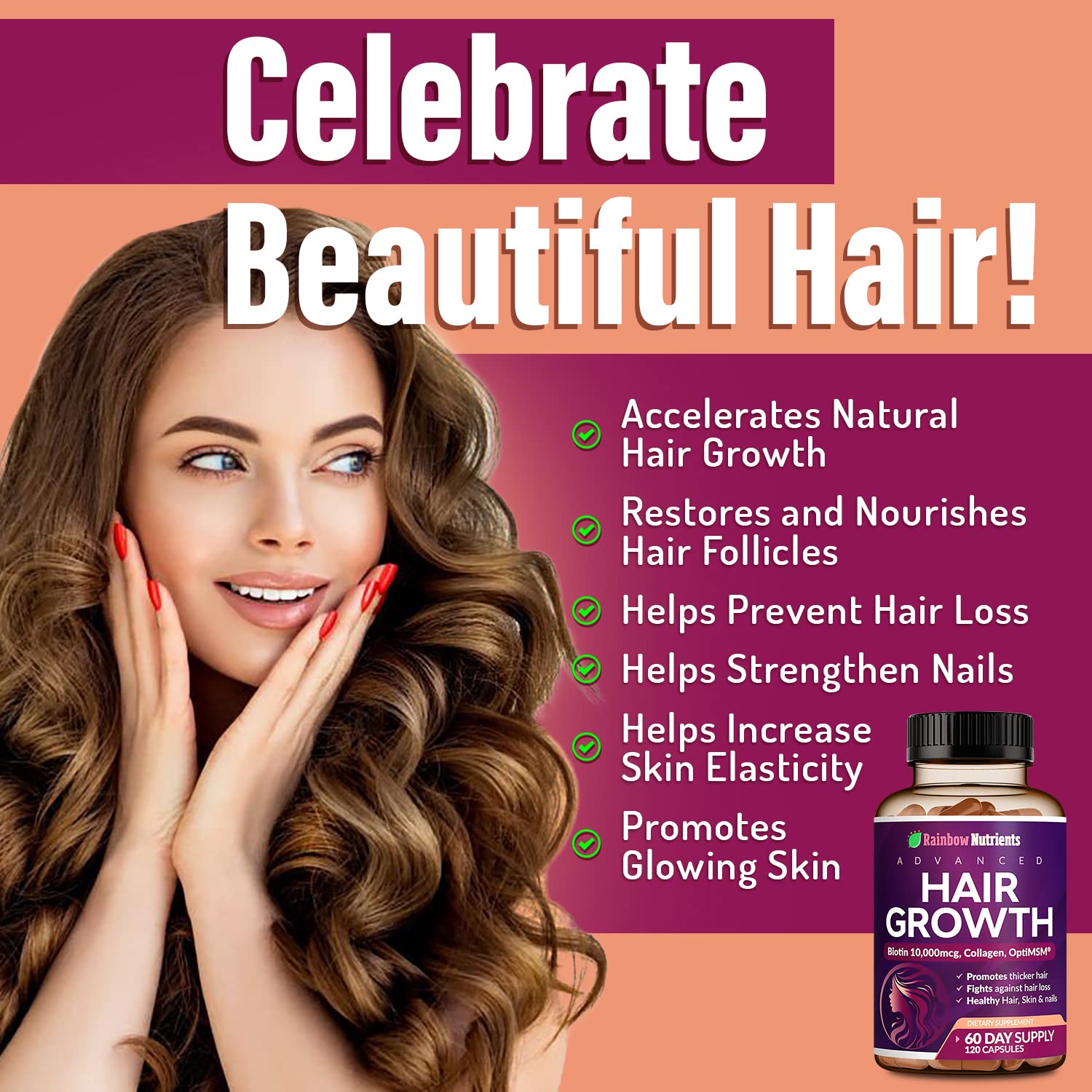 Foto 4 pulgar | Vitaminas Para El Crecimiento Del Cabello, Rainbow Nutrients, Biotina, 10,000 Mcg, Mujeres - Venta Internacional.