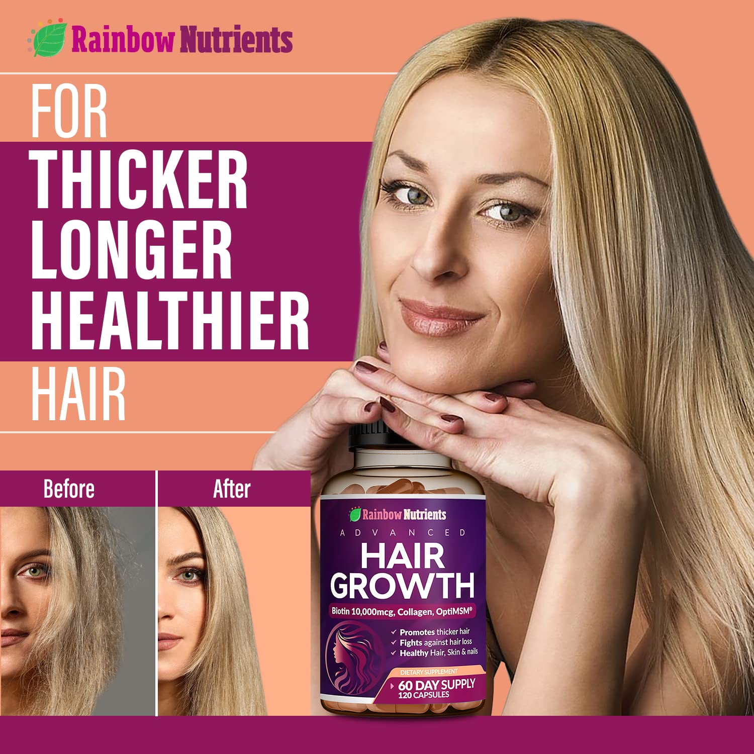 Foto 5 pulgar | Vitaminas Para El Crecimiento Del Cabello, Rainbow Nutrients, Biotina, 10,000 Mcg, Mujeres - Venta Internacional.