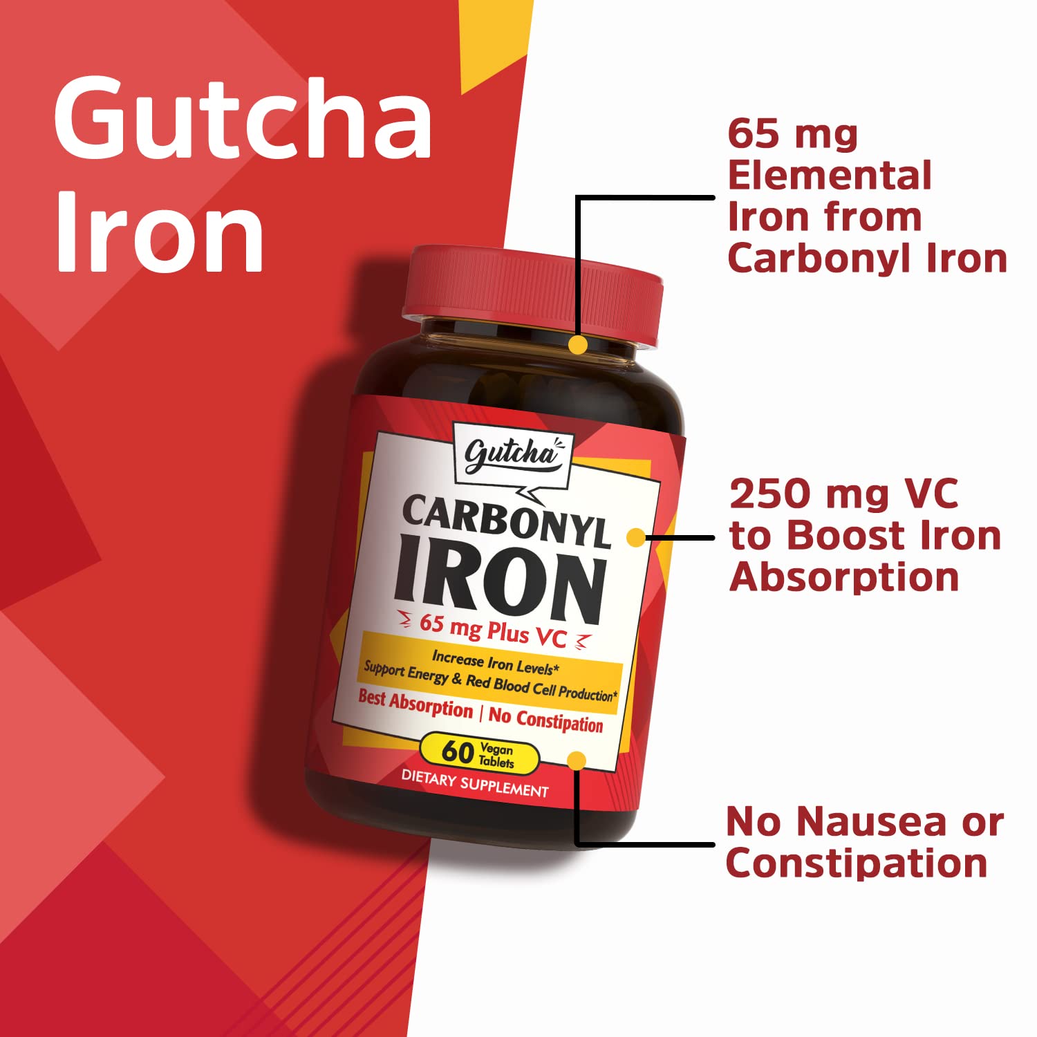 Foto 5 pulgar | Suplemento De Hierro Gutcha Carbonyl Iron 65 Mg Con Vitamina C 60 Unidades - Venta Internacional.