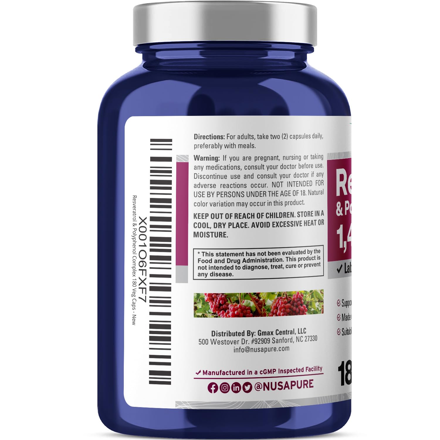 Foto 4 pulgar | Suplemento Nusapure De Resveratrol Y Polifenol 1450 Mg 180 Cápsulas - Venta Internacional.