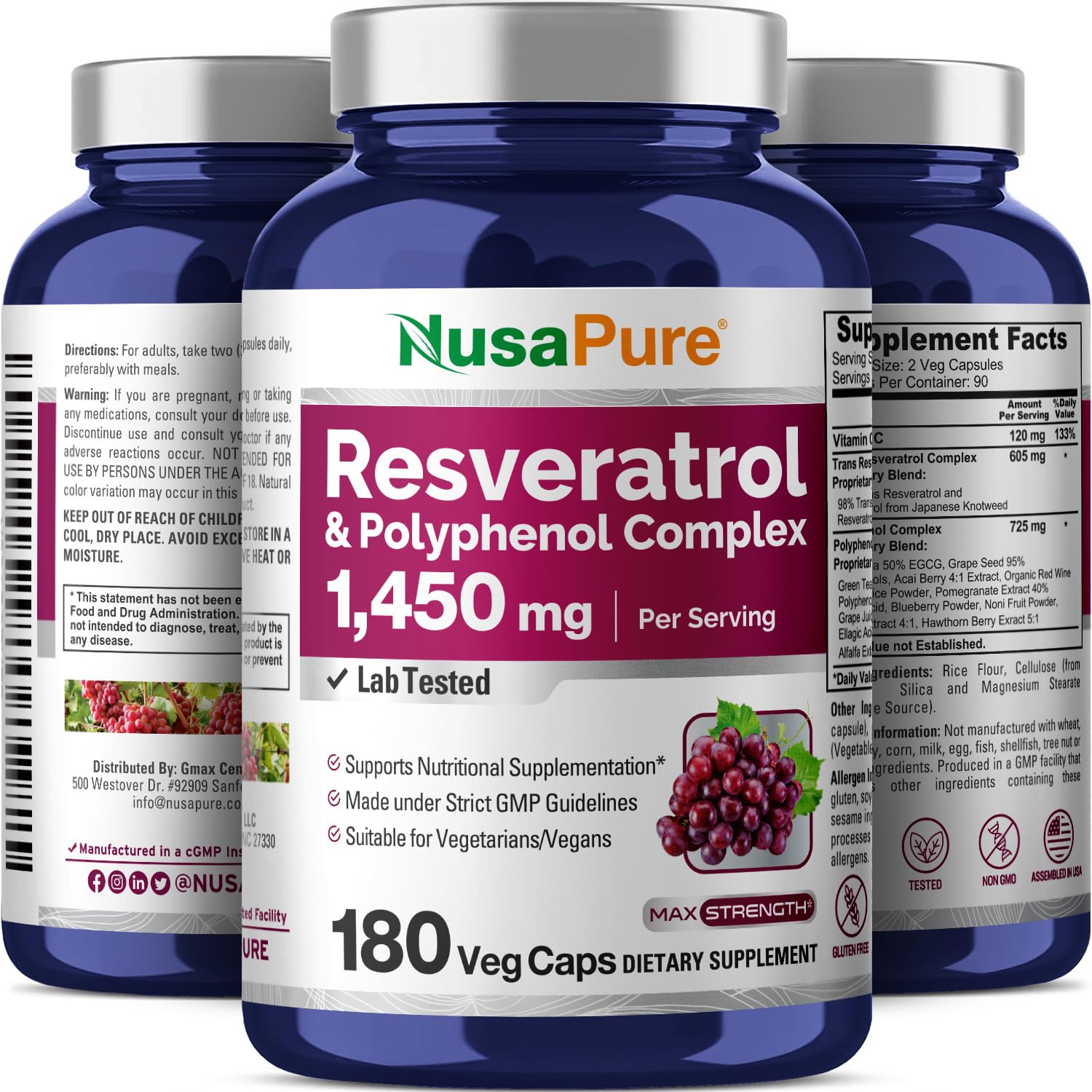 Foto 5 pulgar | Suplemento Nusapure De Resveratrol Y Polifenol 1450 Mg 180 Cápsulas - Venta Internacional.