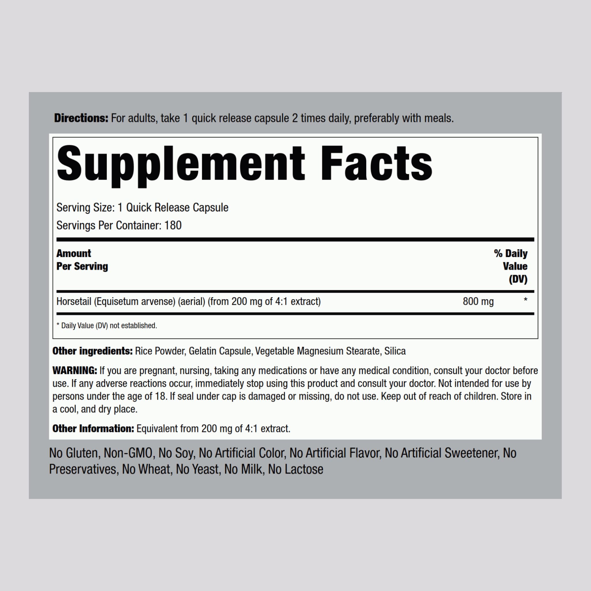 Foto 3 pulgar | Suplemento Piping Rock Horsetail, Cápsulas De 800 Mg, 180 Unidades - Venta Internacional.
