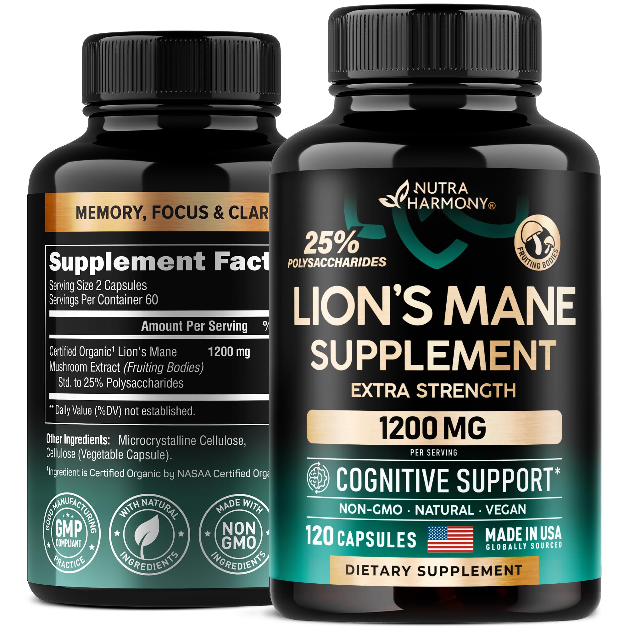 Foto 2 pulgar | Suplemento Nutraharmony Organic Lions Mane 120 Cápsulas - Venta Internacional.